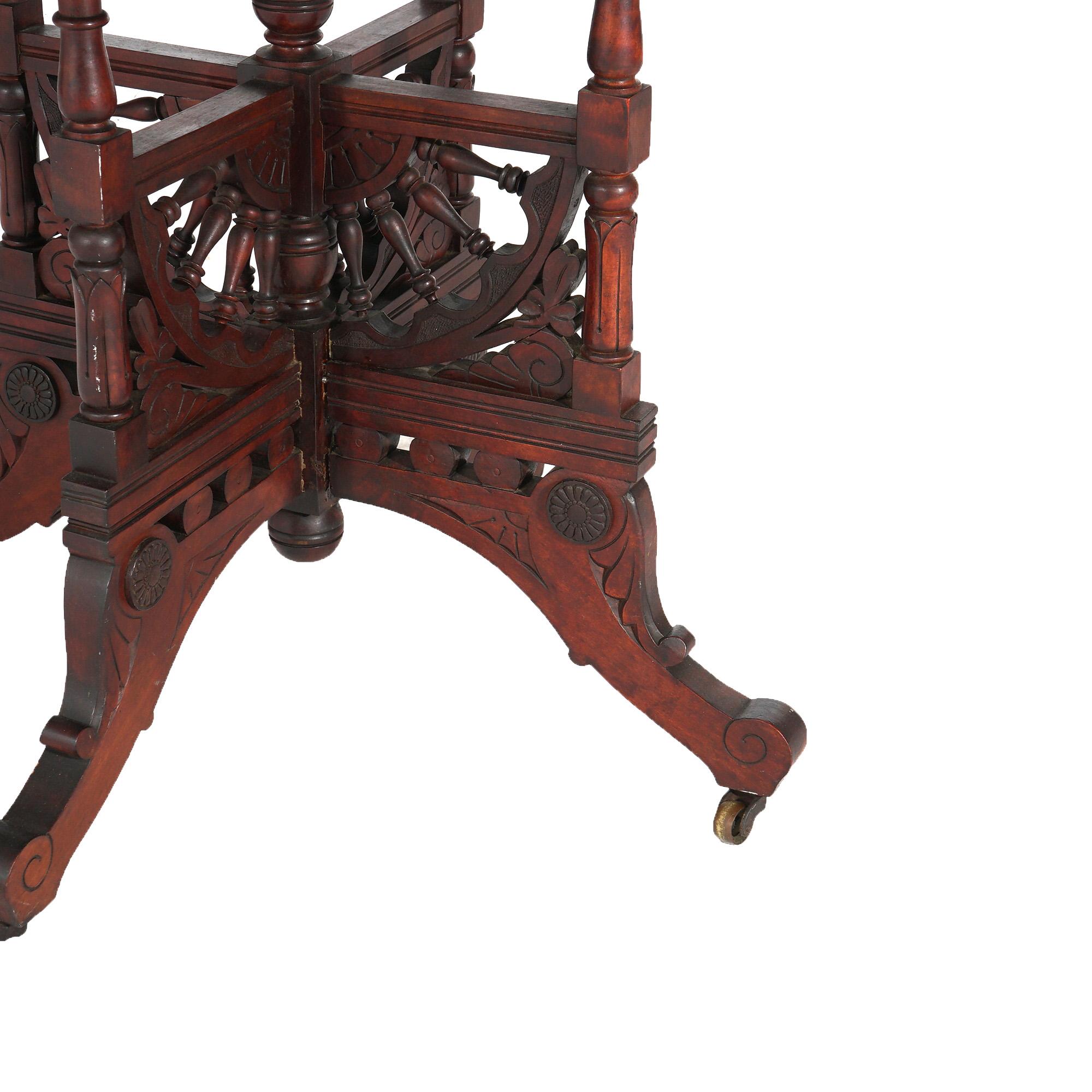 Antique Eastlake Carved & Spindled Mahogany Round Center Table C1890 In Good Condition In Big Flats, NY