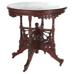 Antique Eastlake Carved & Spindled Mahogany Round Center Table C1890