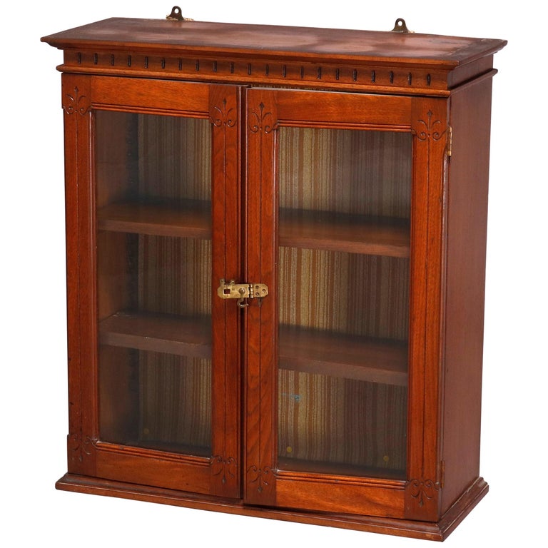 Antique Eastlake Carved Walnut 2Door Hanging Wall 19th