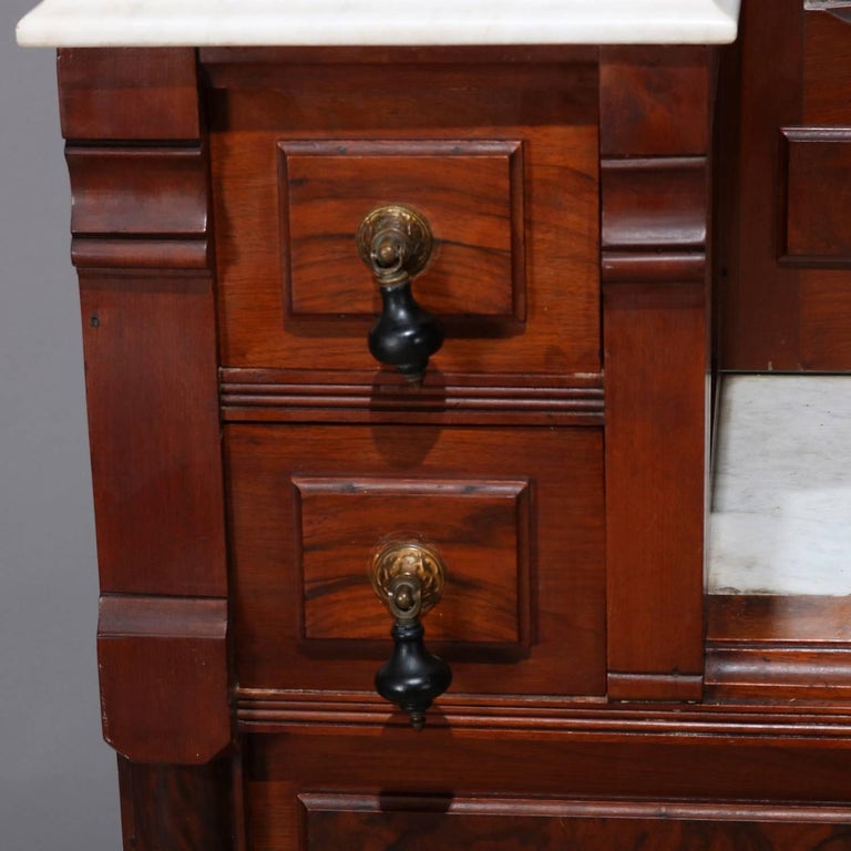 Antique Eastlake Carved Walnut and Burl Dresser MarbleTop Mirrored