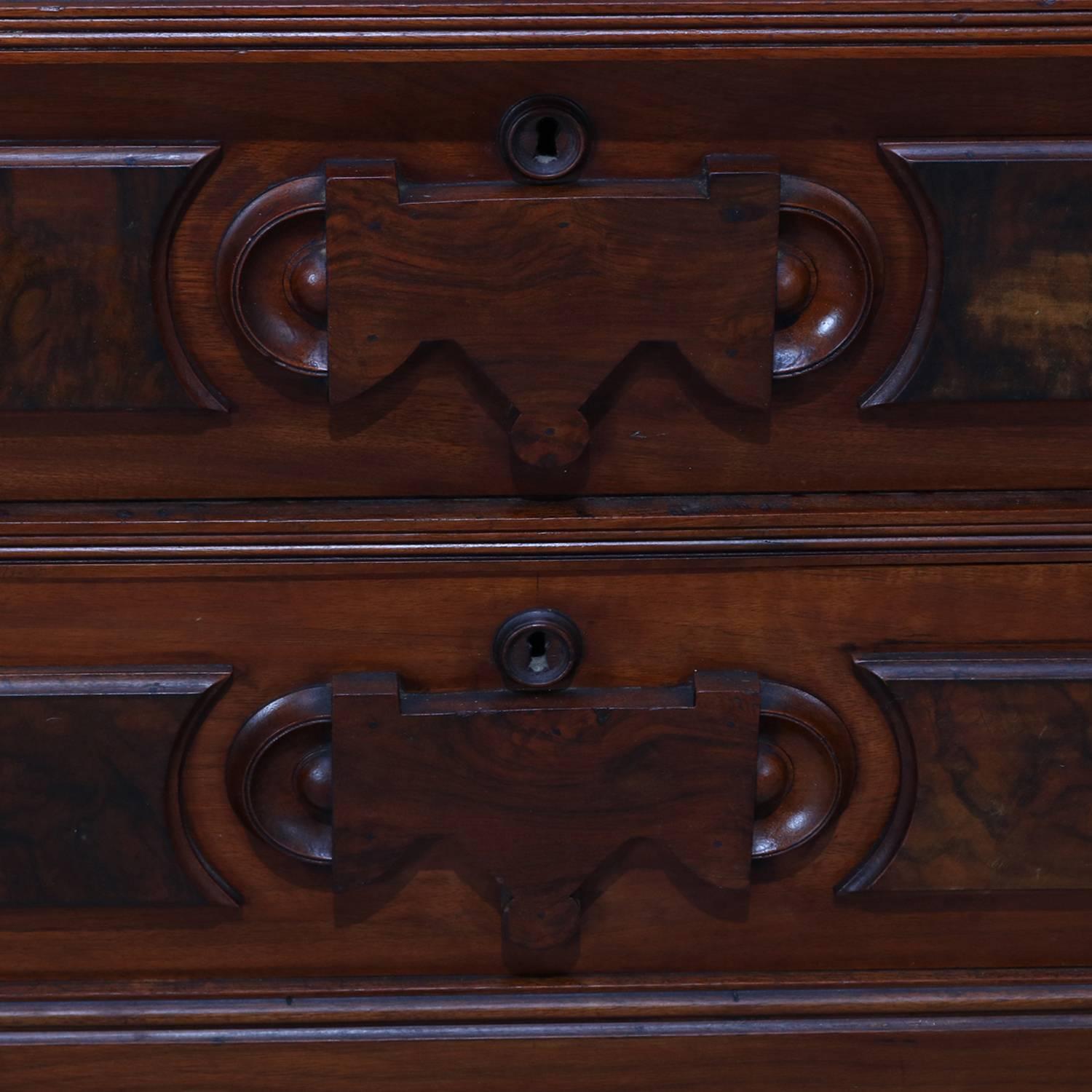 Renaissance Revival Antique Eastlake Carved Walnut and Burl Dresser Marble-Top Mirrored Dresser