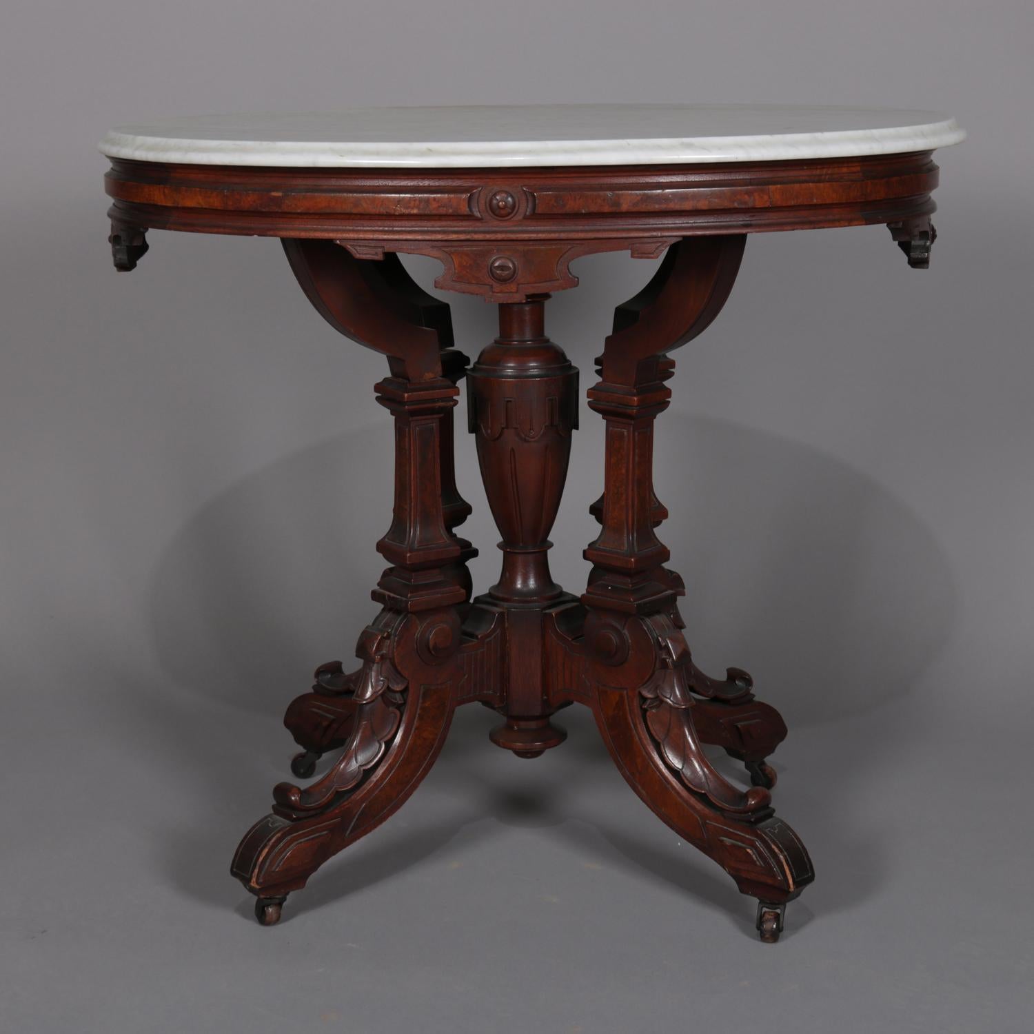 High Victorian Antique Eastlake Carved Walnut and Burl Marble Top Oval Centre Table, circa 1870