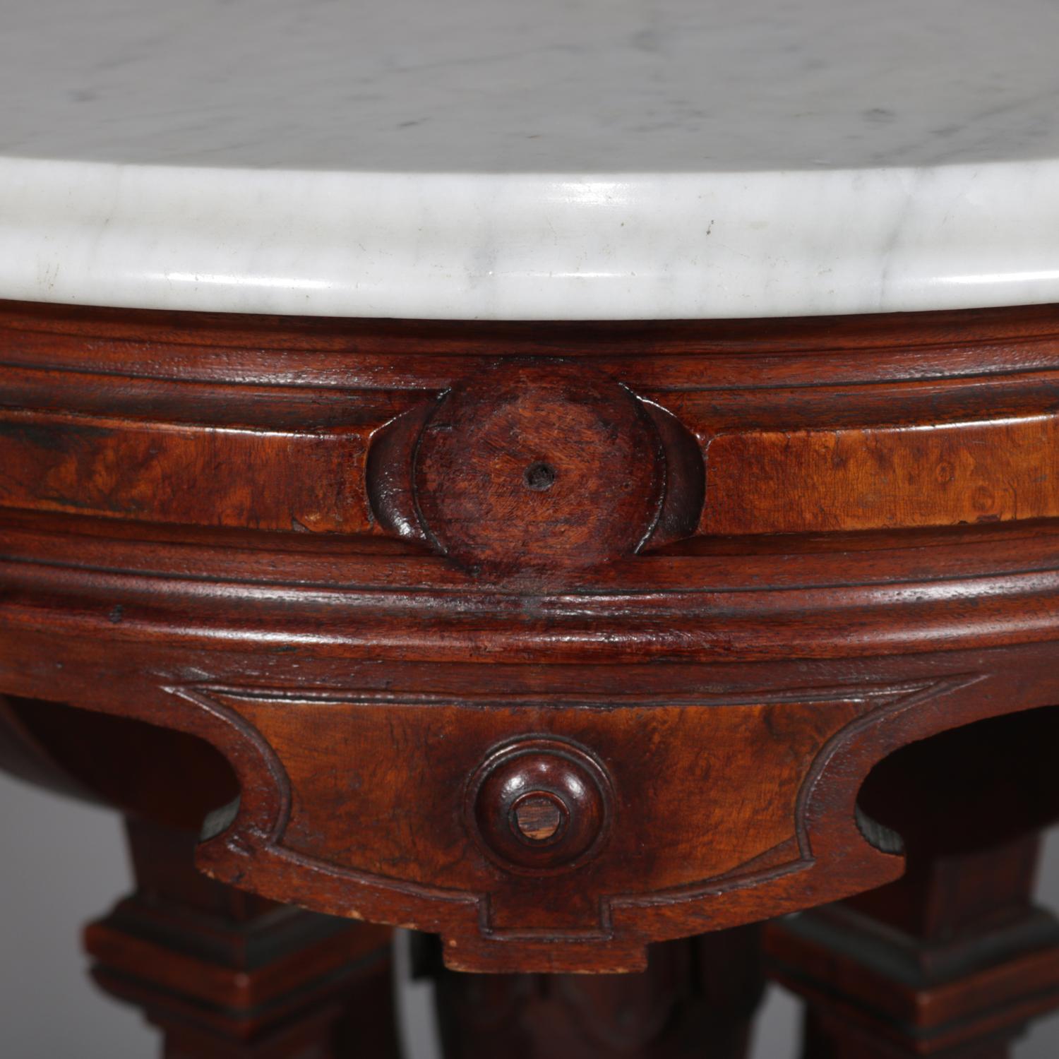 Antique Eastlake Carved Walnut and Burl Marble Top Oval Centre Table, circa 1870 In Good Condition In Big Flats, NY