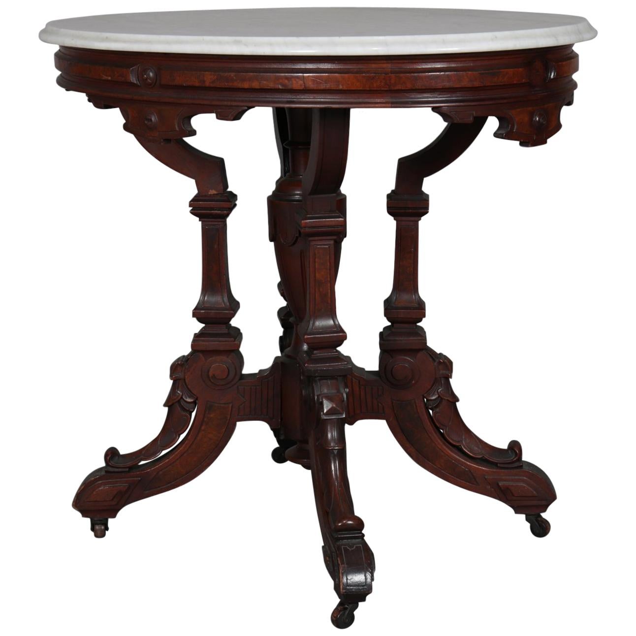 Antique Eastlake Carved Walnut and Burl Marble Top Oval Centre Table, circa 1870