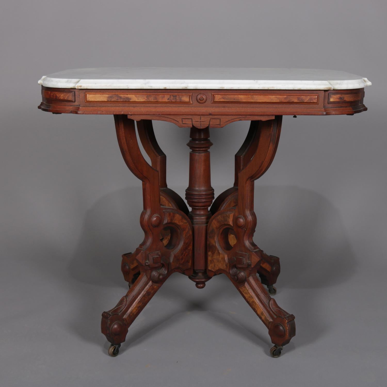 American Antique Eastlake Carved Walnut and Burl Marble Top Rectangular Centre Table