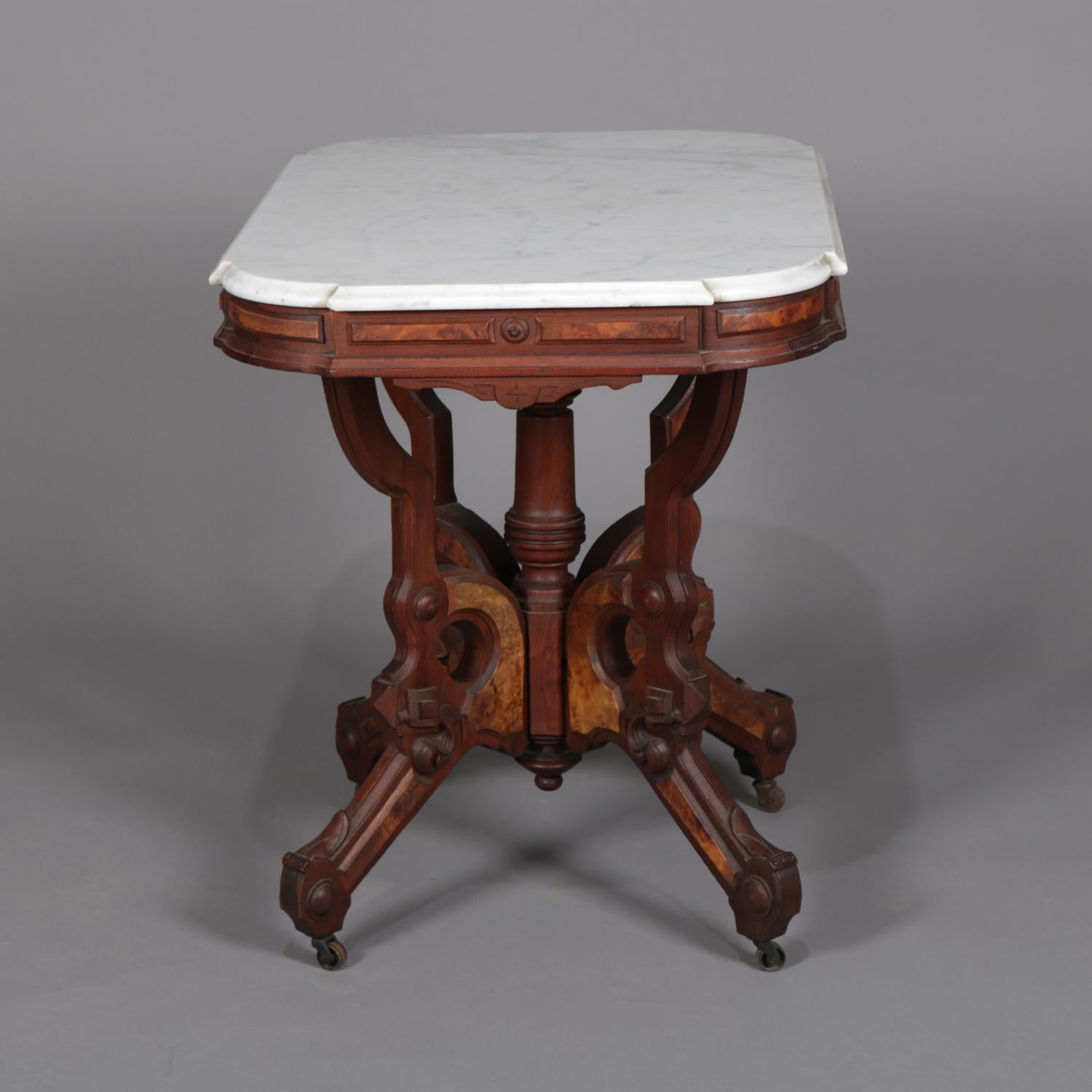 Beveled Antique Eastlake Carved Walnut and Burl Marble Top Rectangular Centre Table