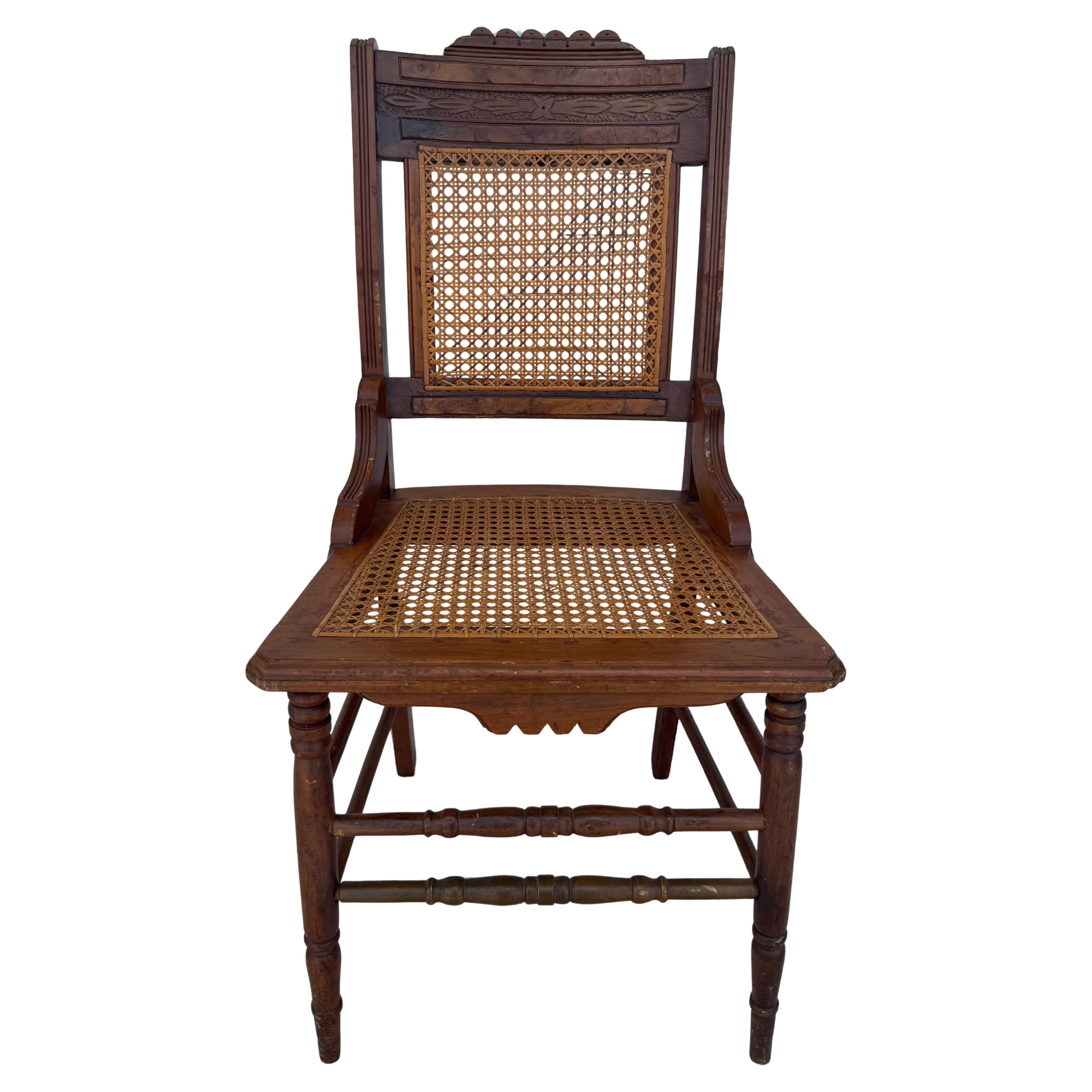 Antique Eastlake Carved Walnut and Cane Parlor Chair