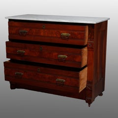 Antique Eastlake Carved Walnut, Burl and Marble Chest of Drawers, c1890
