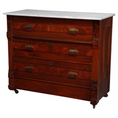 Antique Eastlake Carved Walnut, Burl and Marble Chest of Drawers, c1890