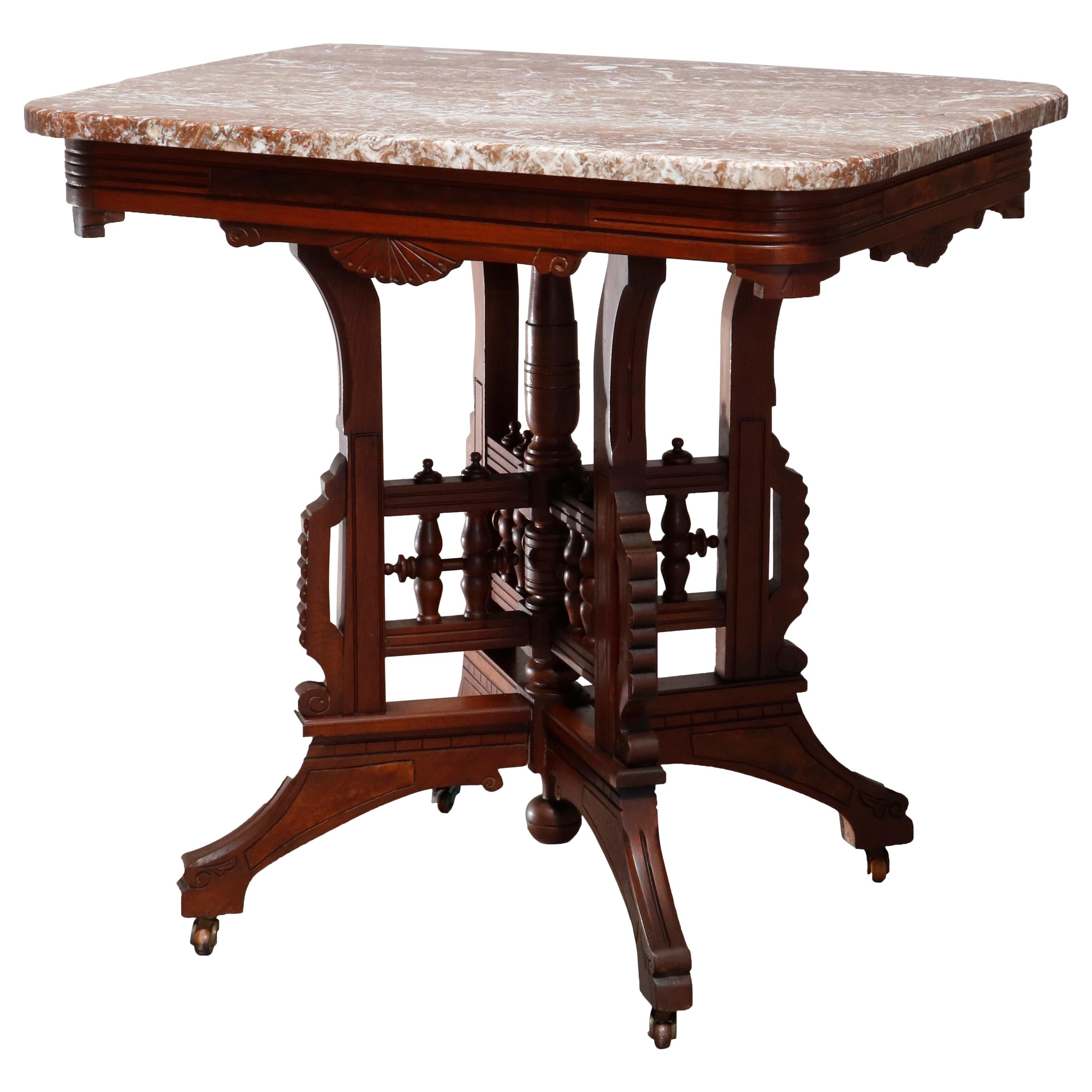 Antique Eastlake Carved Walnut Burl and Rouge Marble-Top Parlor Table circa 1890
