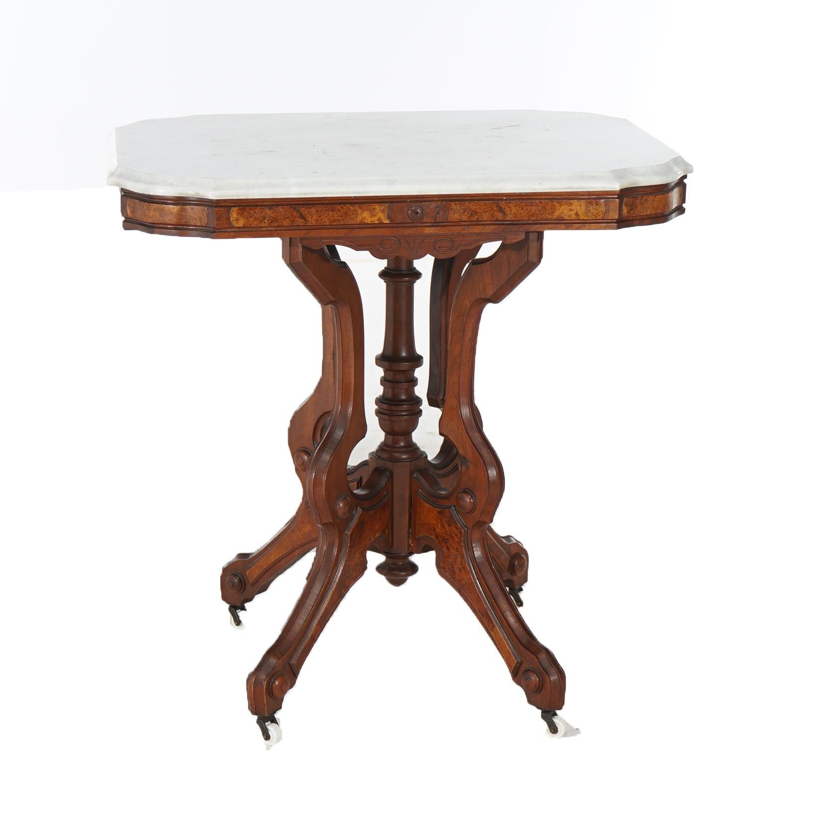 Antique Eastlake Carved Walnut & Burl Marble Top Parlor Table C1880 For Sale 6