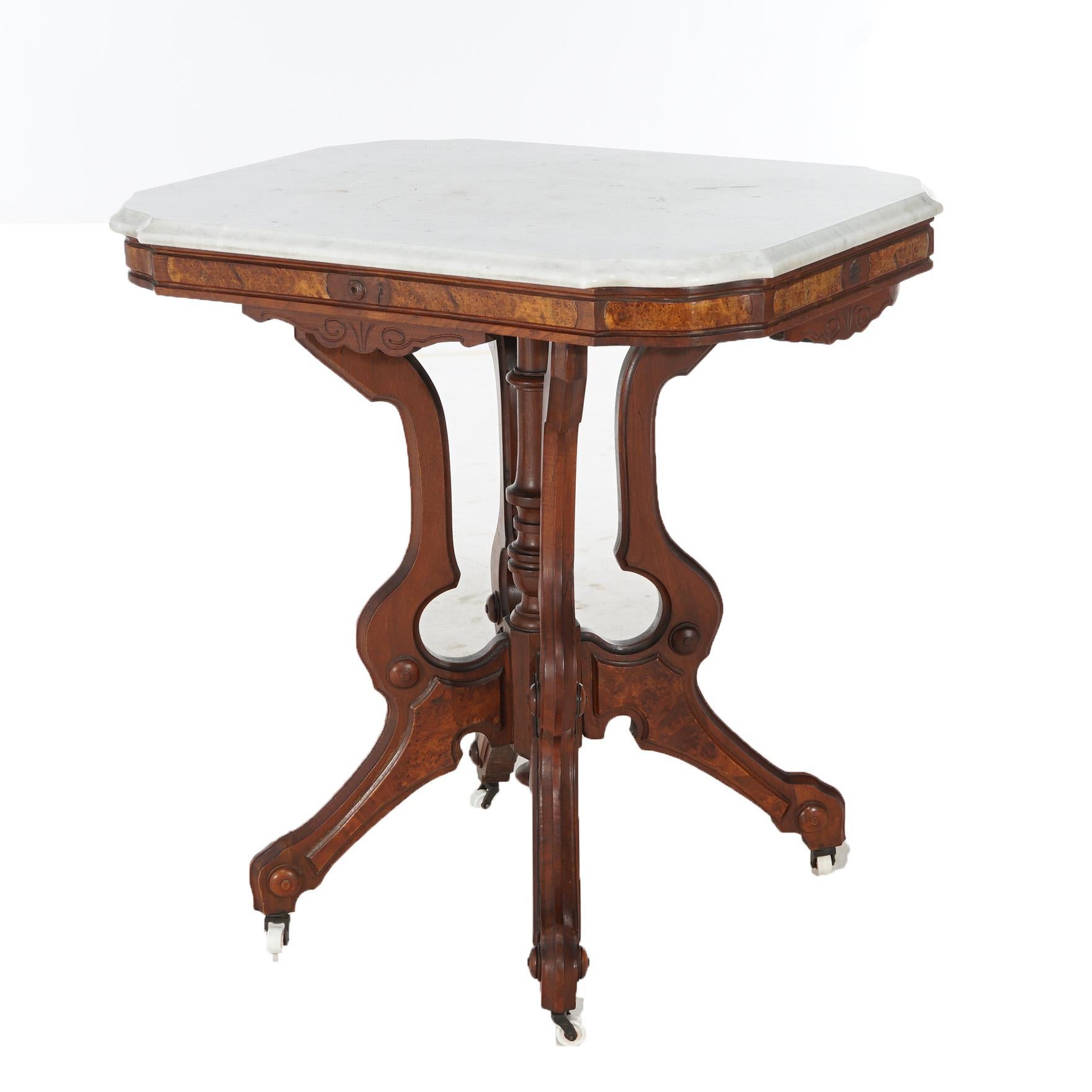 Antiker Eastlake-Parlor-Tisch aus geschnitztem Nussbaum und Wurzelholz mit Marmorplatte, um 1880 im Angebot 7