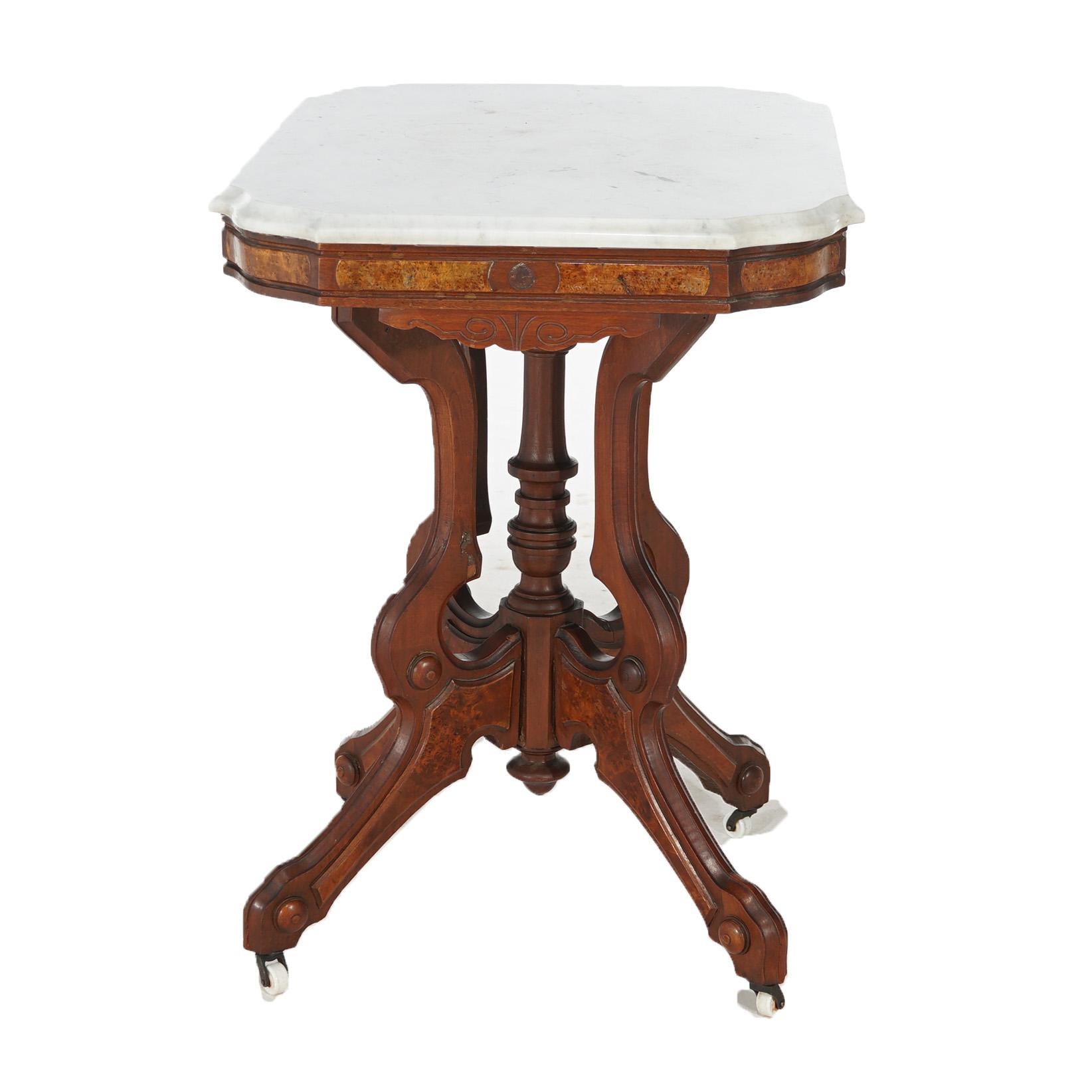 Antiker Eastlake-Parlor-Tisch aus geschnitztem Nussbaum und Wurzelholz mit Marmorplatte, um 1880 im Angebot 8
