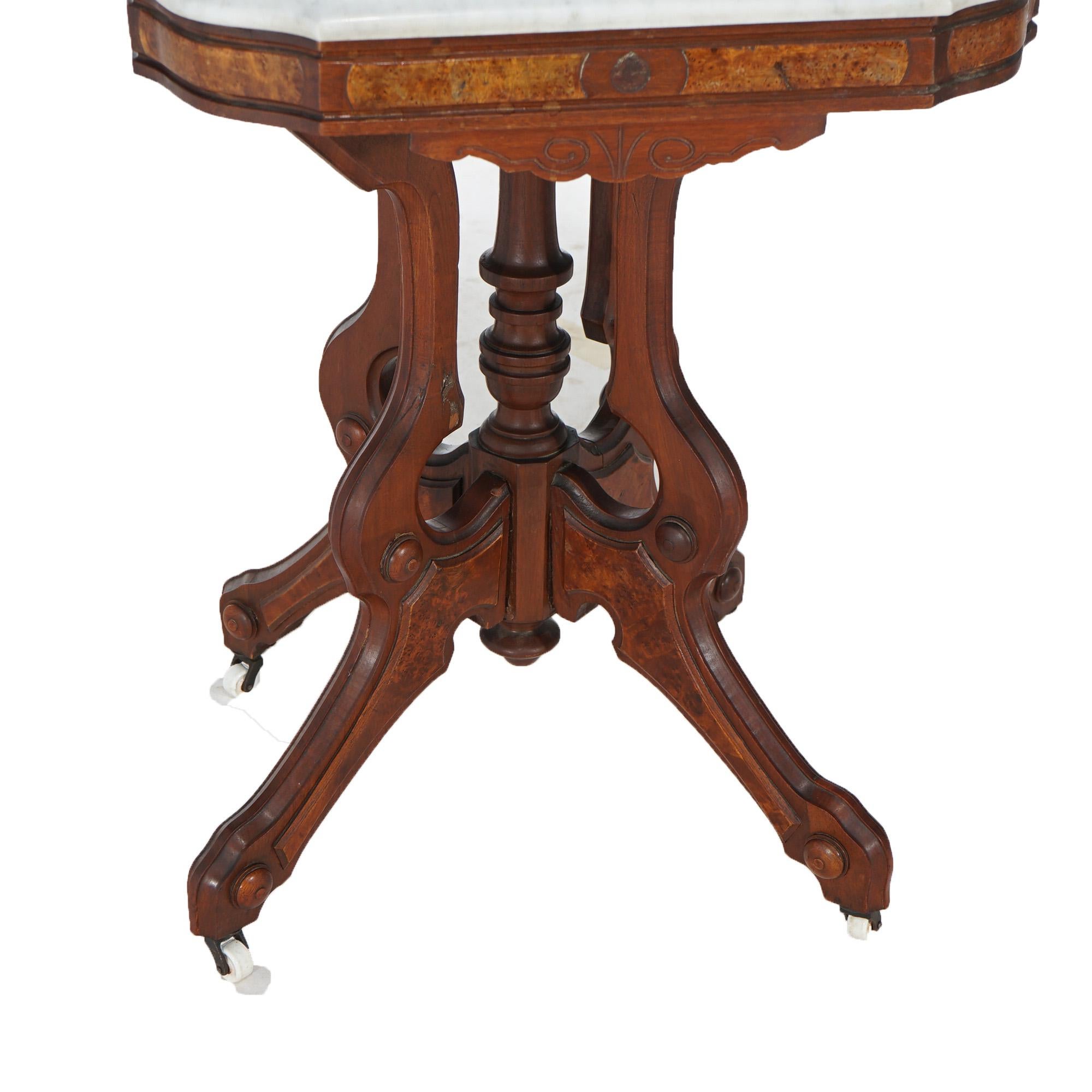 Antique Eastlake Carved Walnut & Burl Marble Top Parlor Table C1880 For Sale 9