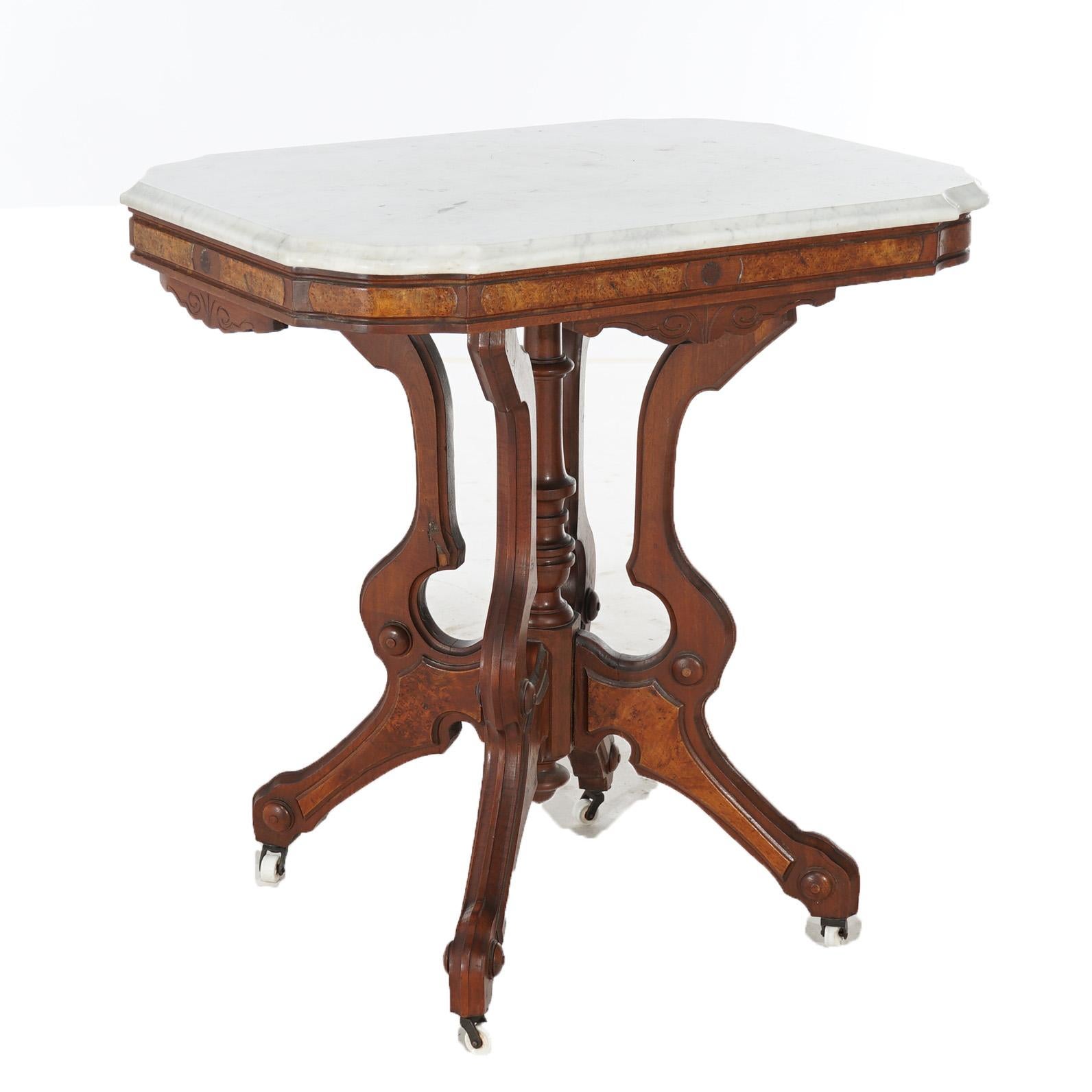 Antiker Eastlake-Parlor-Tisch aus geschnitztem Nussbaum und Wurzelholz mit Marmorplatte, um 1880 im Angebot 11