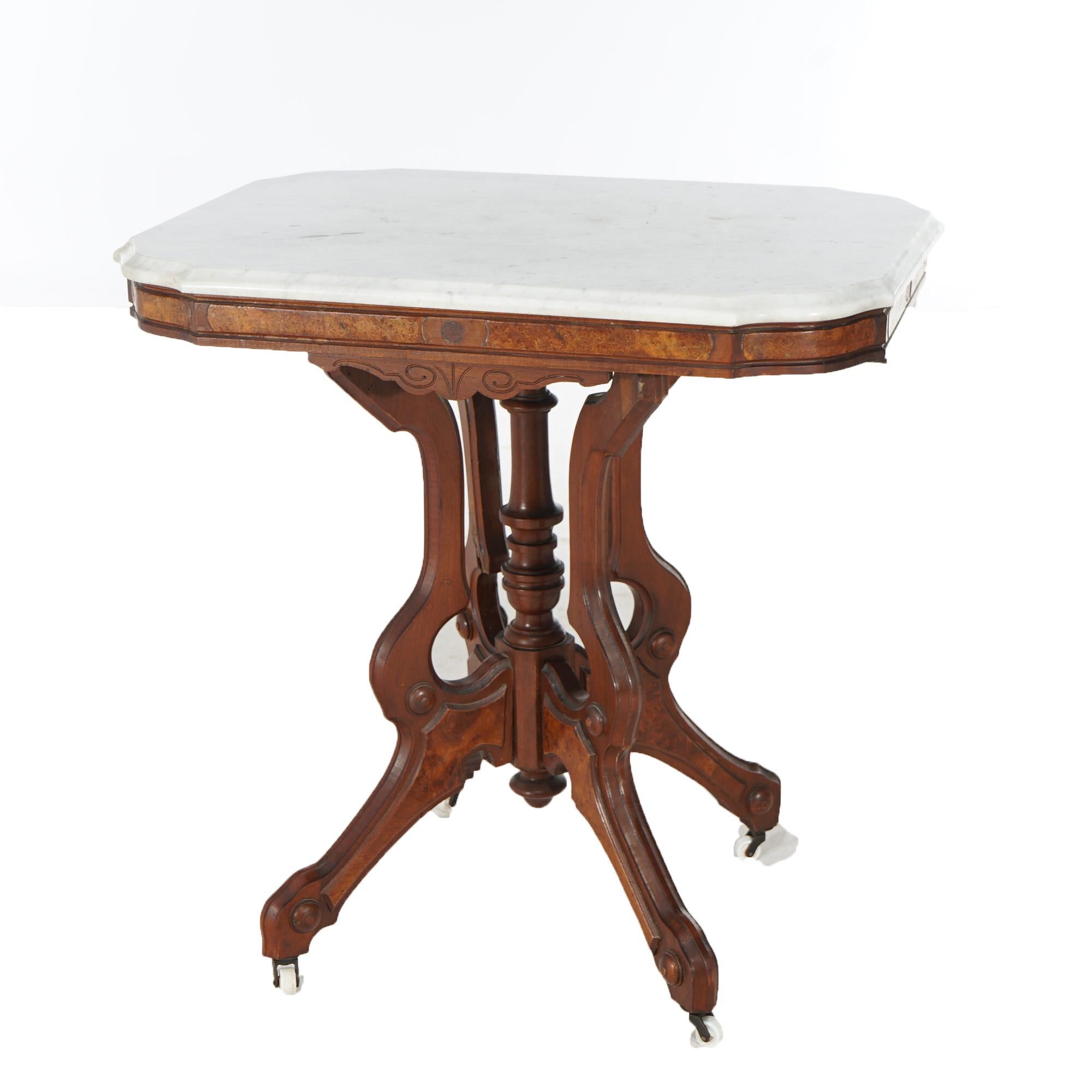 Marbre Ancienne table de salon en noyer sculpté et ronce de marbre d'Eastlake C1880 en vente