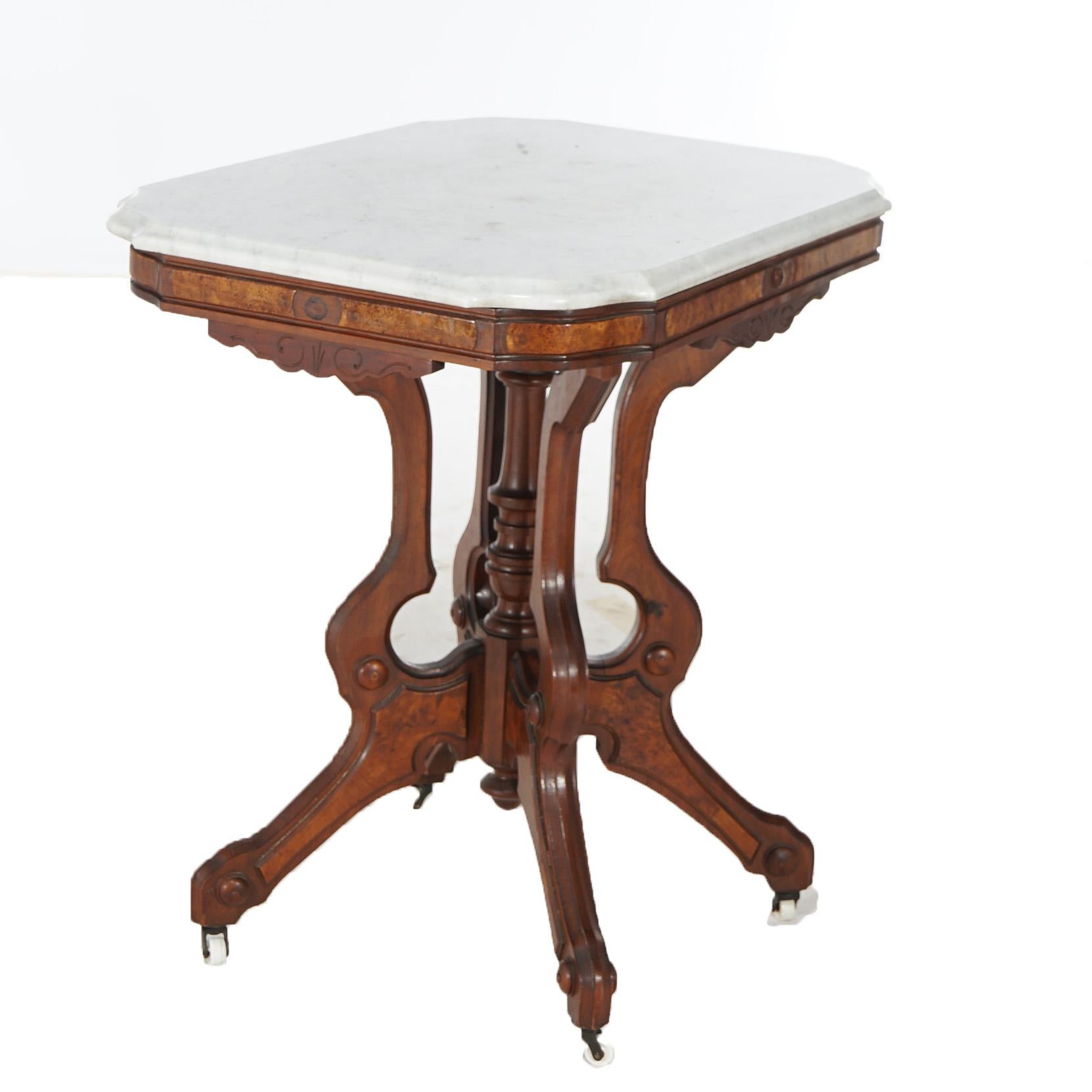 Antiker Eastlake-Parlor-Tisch aus geschnitztem Nussbaum und Wurzelholz mit Marmorplatte, um 1880 im Angebot 4