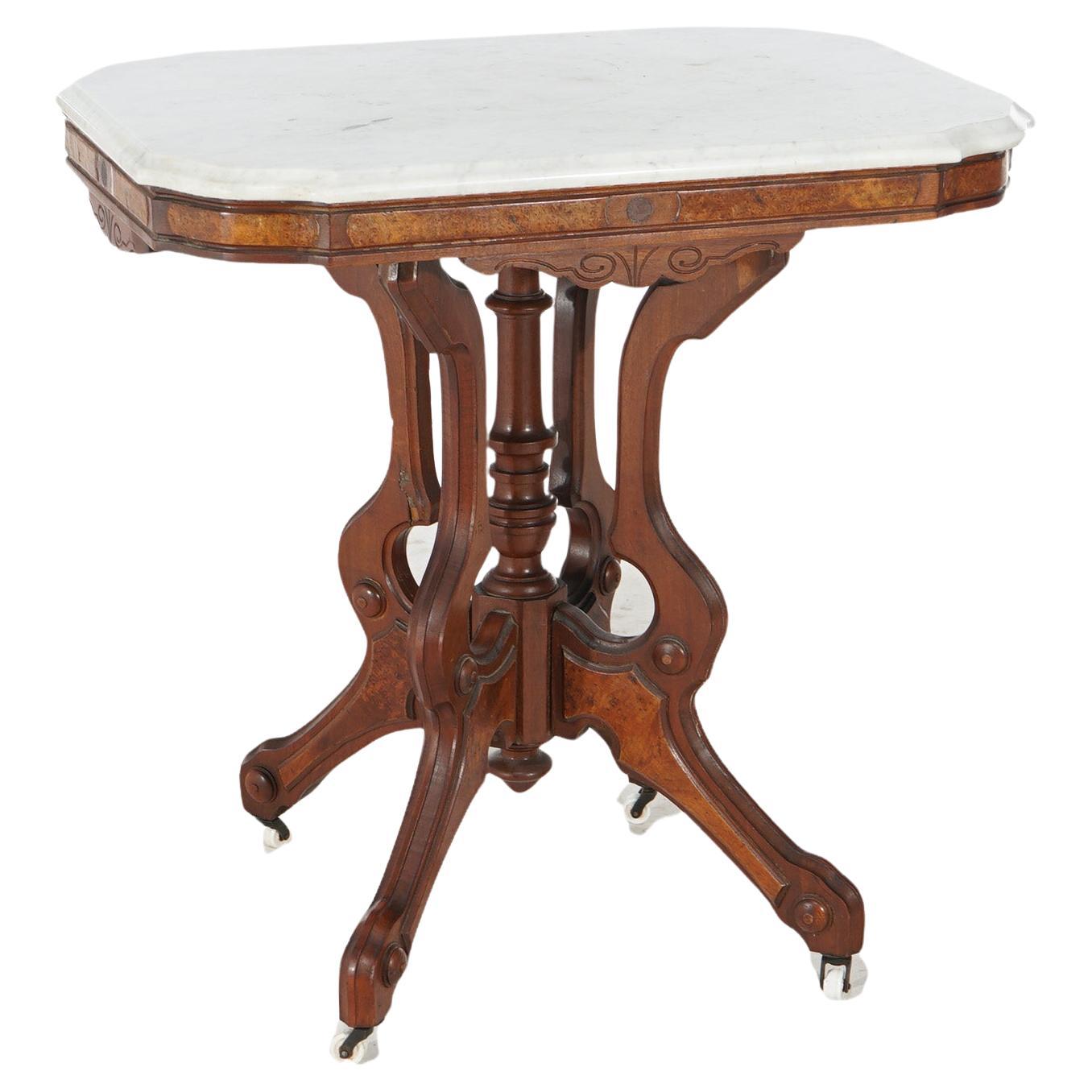 Antiker Eastlake-Parlor-Tisch aus geschnitztem Nussbaum und Wurzelholz mit Marmorplatte, um 1880