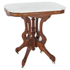 Ancienne table de salon en noyer sculpté et ronce de marbre d'Eastlake C1880