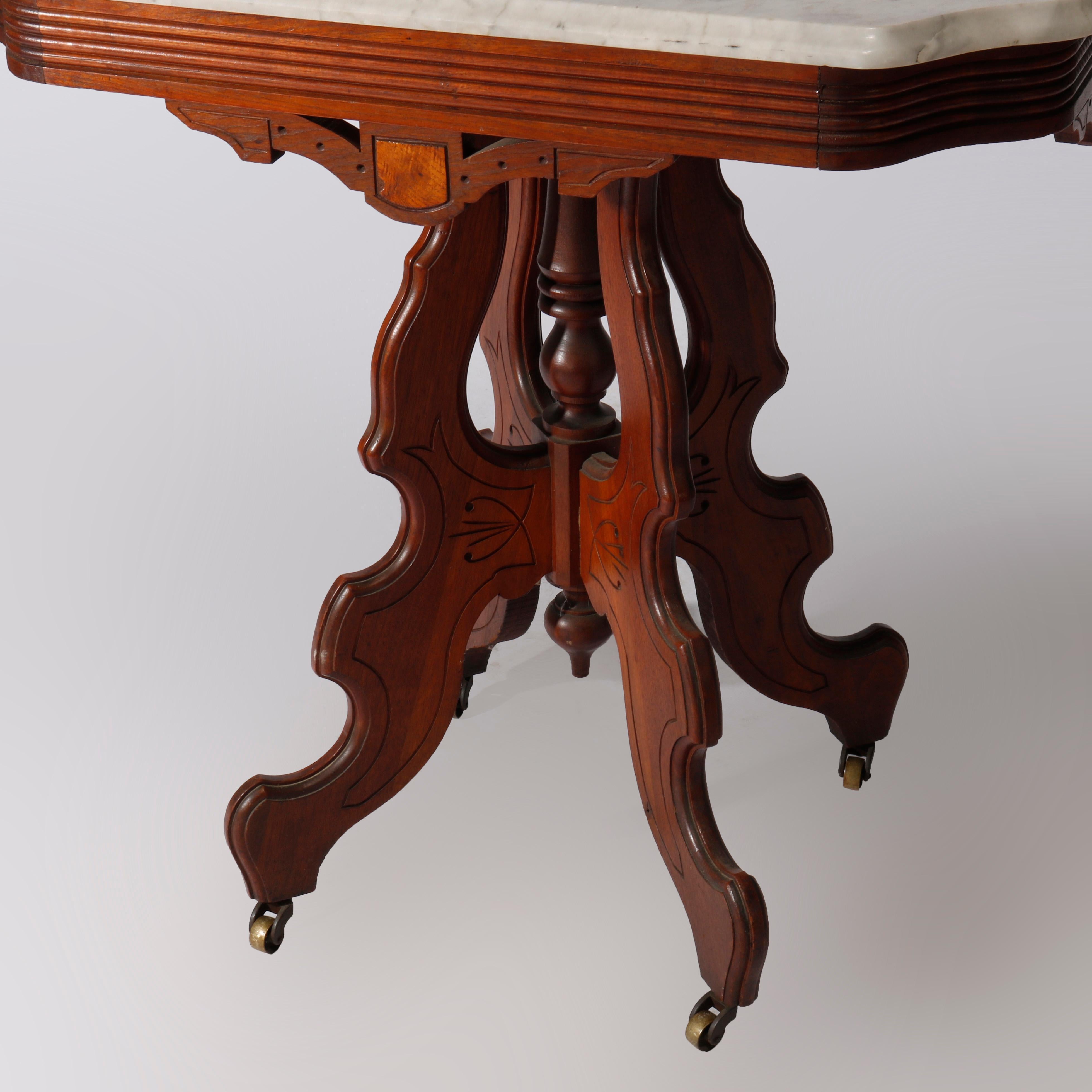 Antique Eastlake Carved Walnut, Burl & Marble Top Parlor Table circa 1890 3