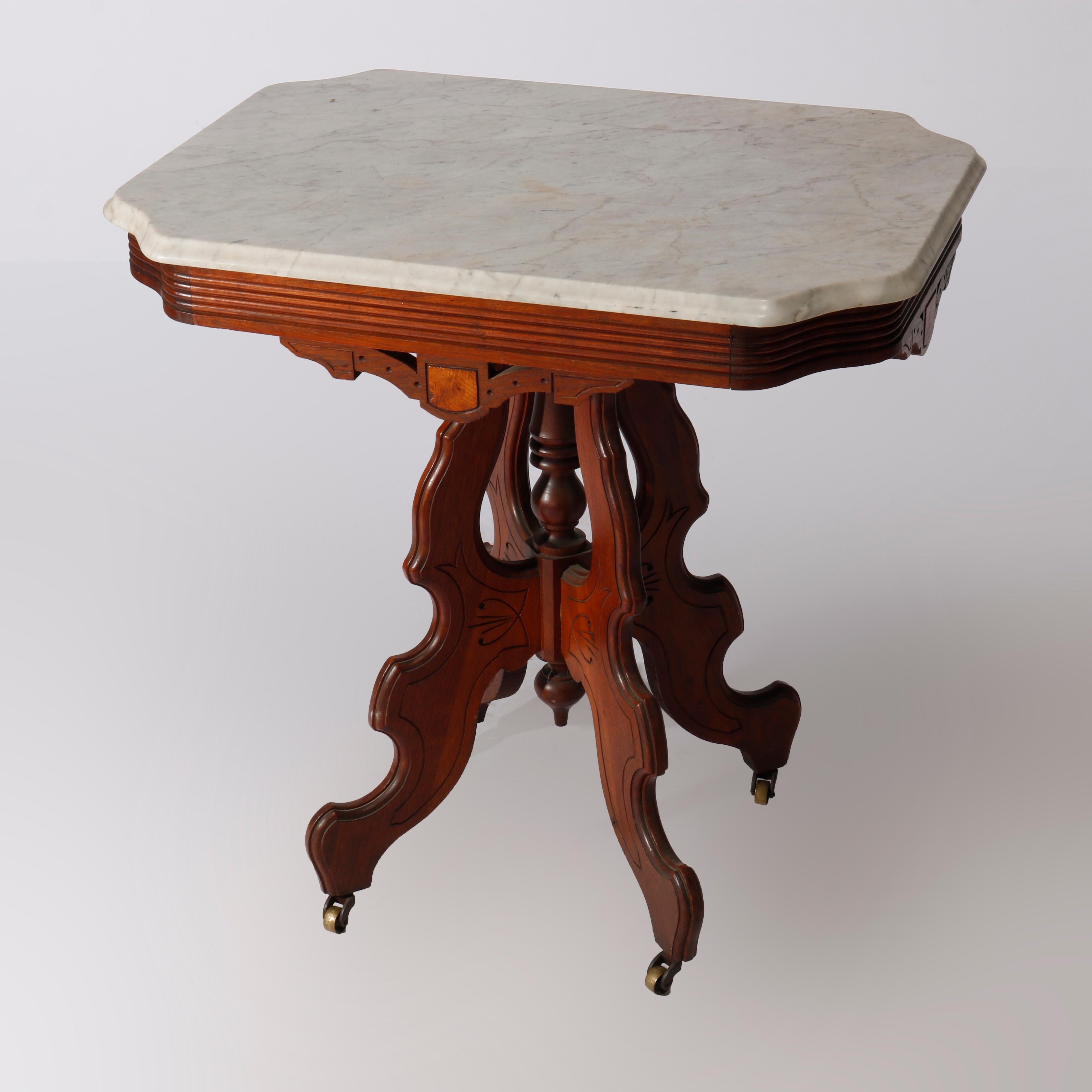 American Antique Eastlake Carved Walnut, Burl & Marble Top Parlor Table circa 1890