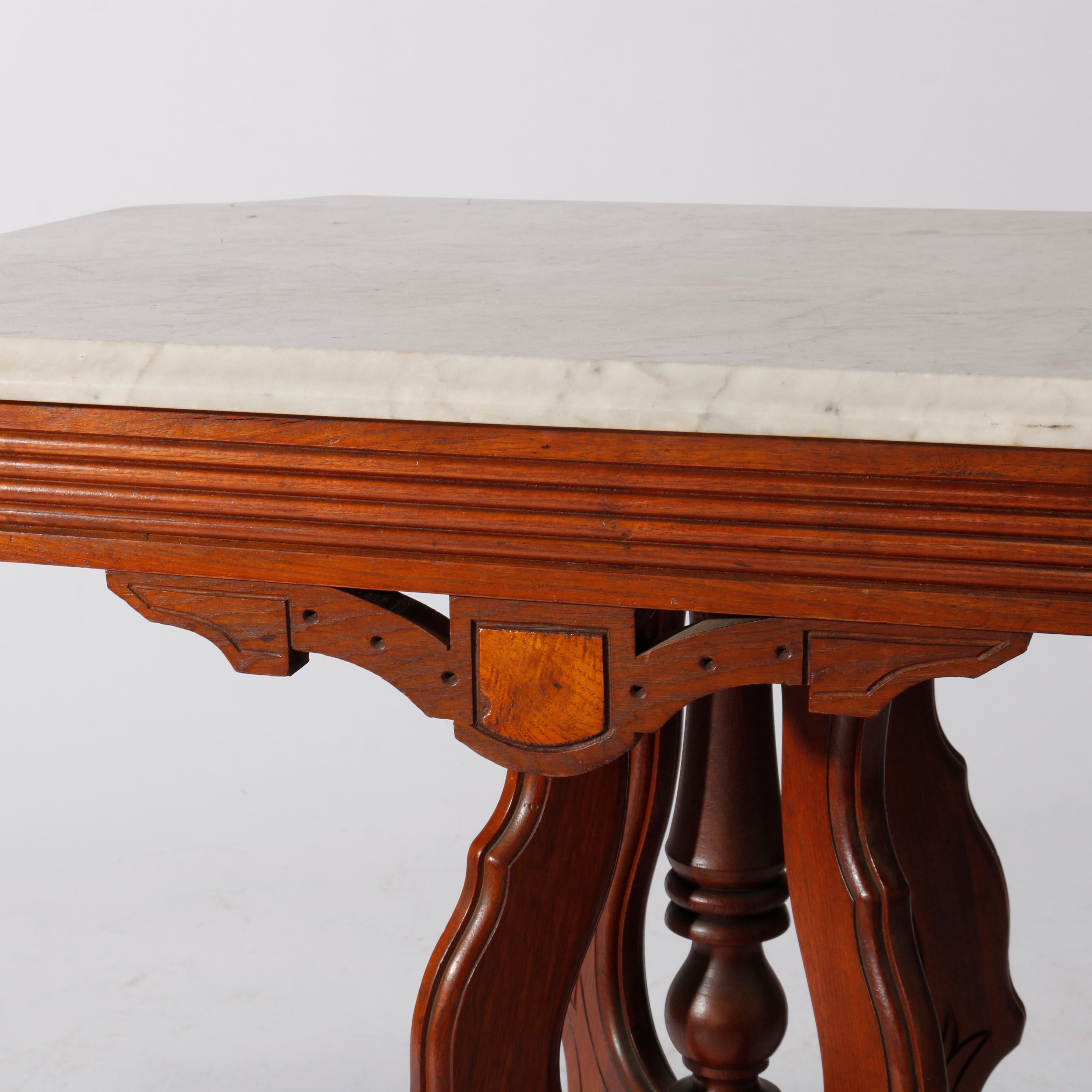 Antique Eastlake Carved Walnut, Burl & Marble Top Parlor Table circa 1890 1