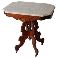 Antique Eastlake Carved Walnut, Burl & Marble Top Parlor Table circa 1890