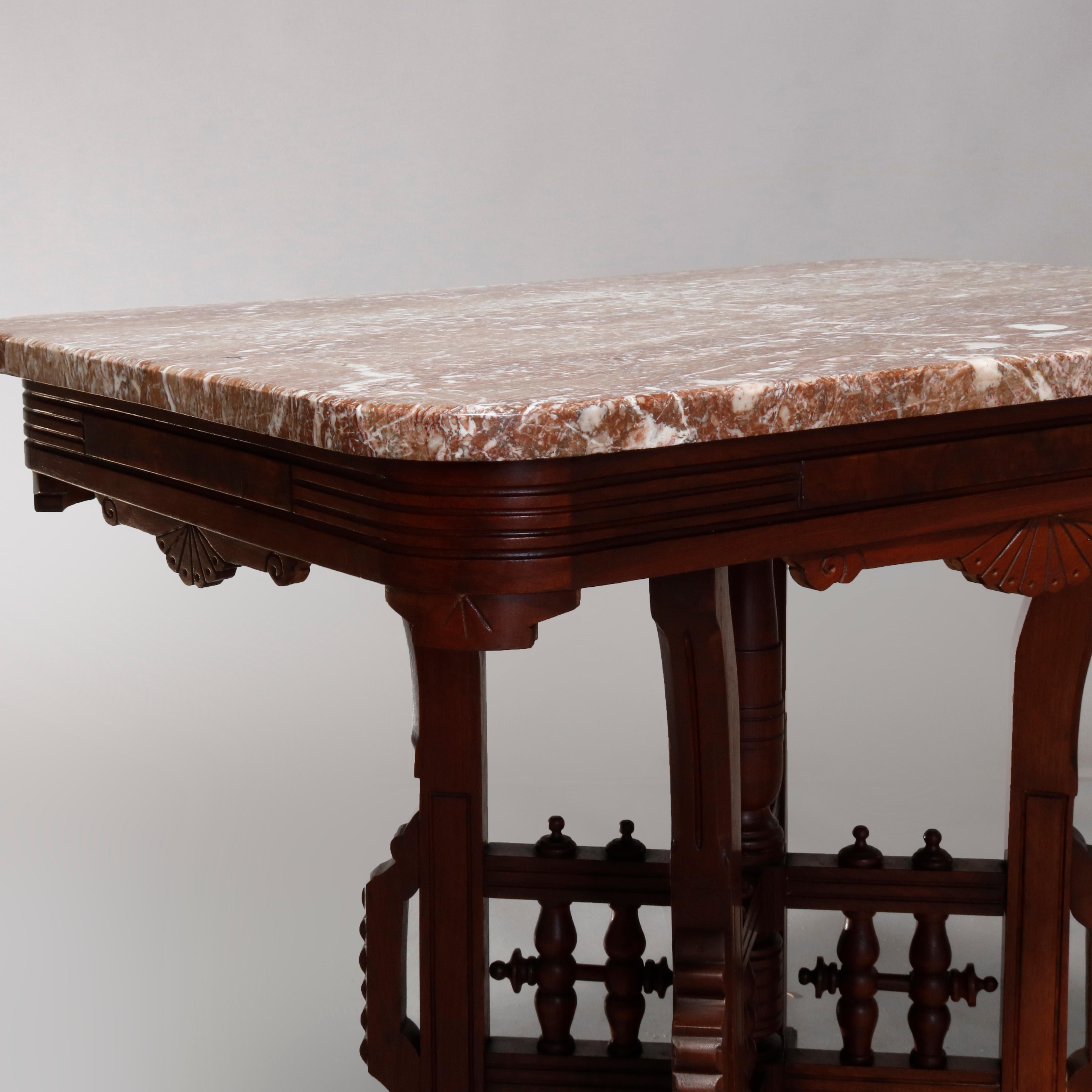 Antique Eastlake Carved Walnut Burl and Rouge Marble-Top Parlor Table circa 1890 2