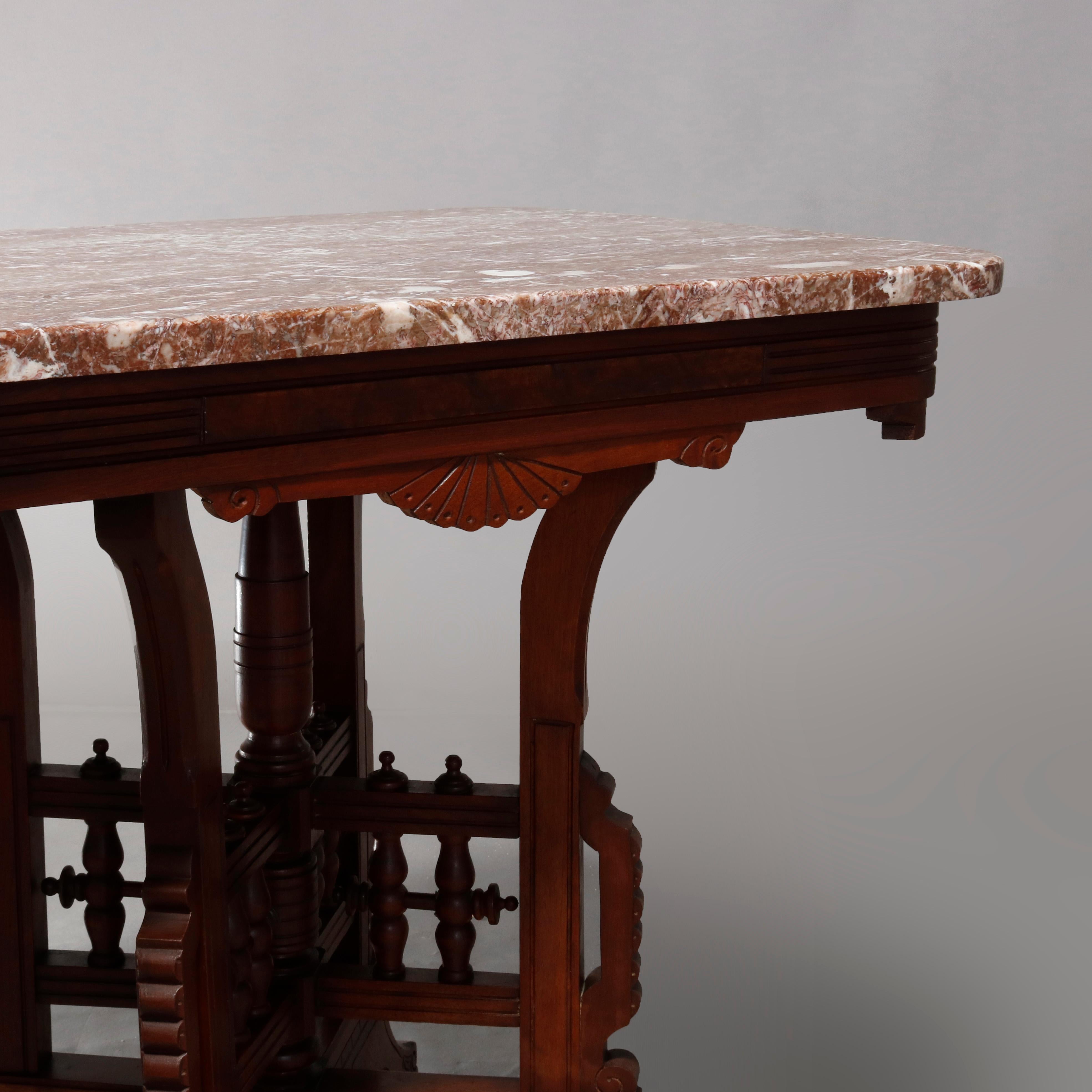 Antique Eastlake Carved Walnut Burl and Rouge Marble-Top Parlor Table circa 1890 3