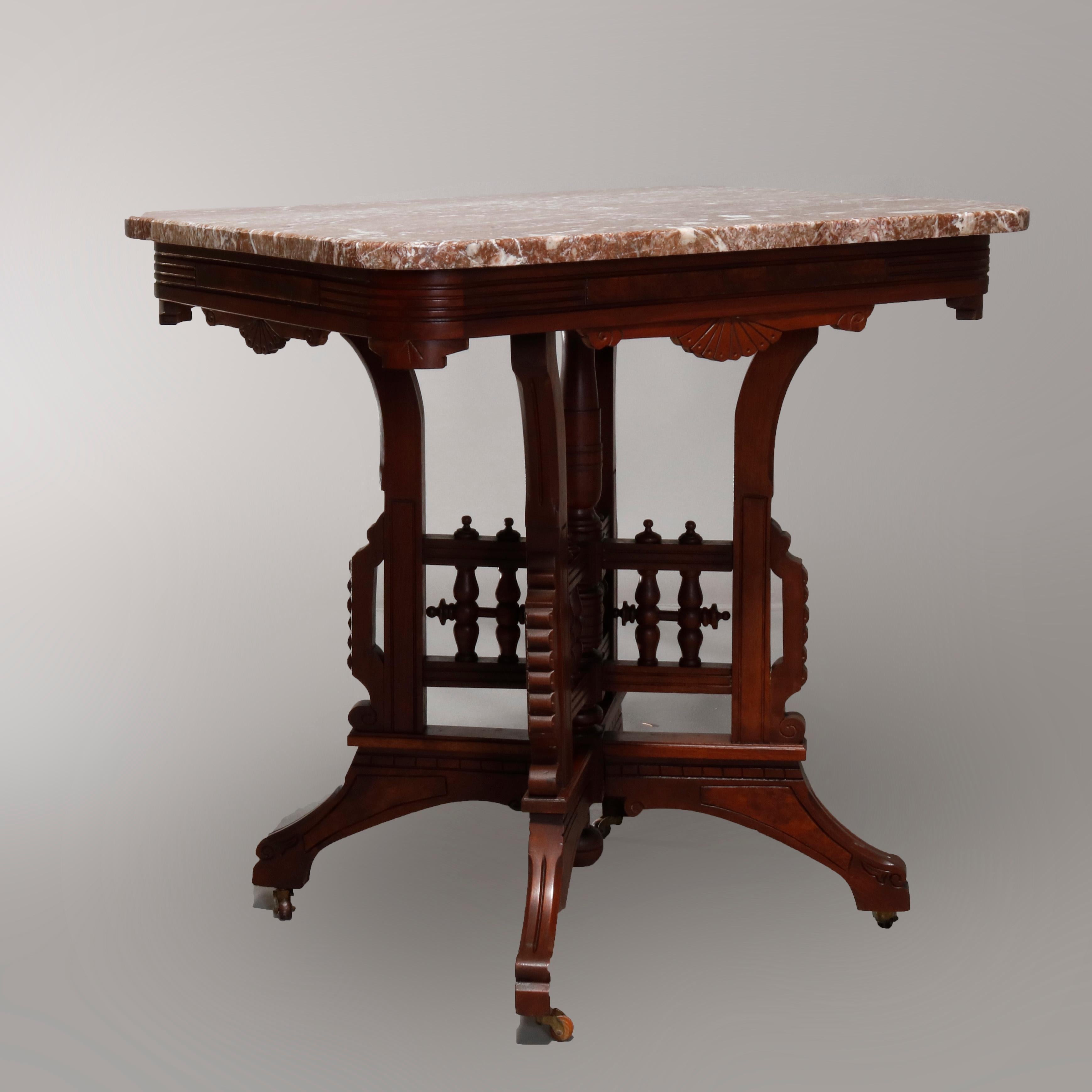 American Antique Eastlake Carved Walnut Burl and Rouge Marble-Top Parlor Table circa 1890