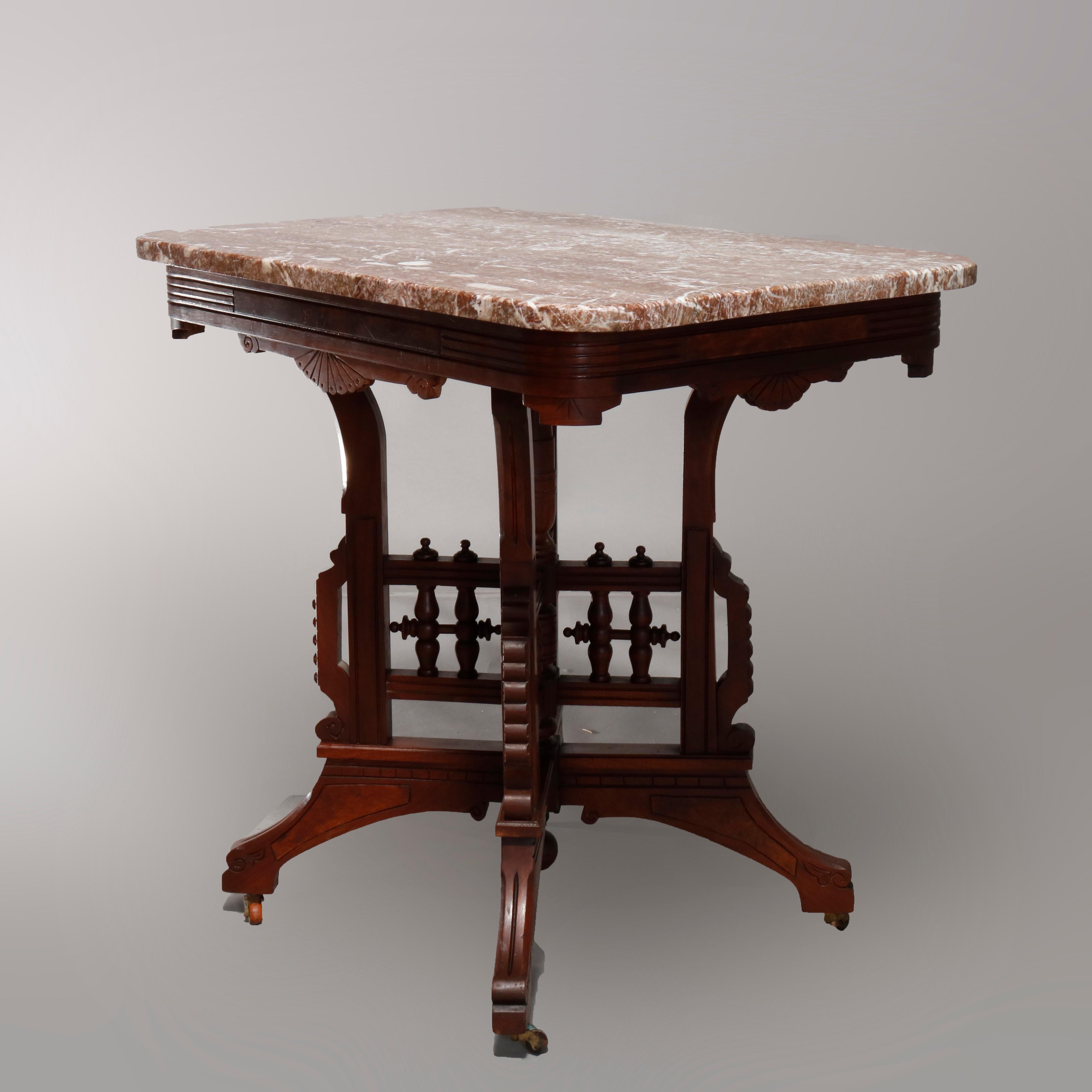Antique Eastlake Carved Walnut Burl and Rouge Marble-Top Parlor Table circa 1890 In Good Condition In Big Flats, NY