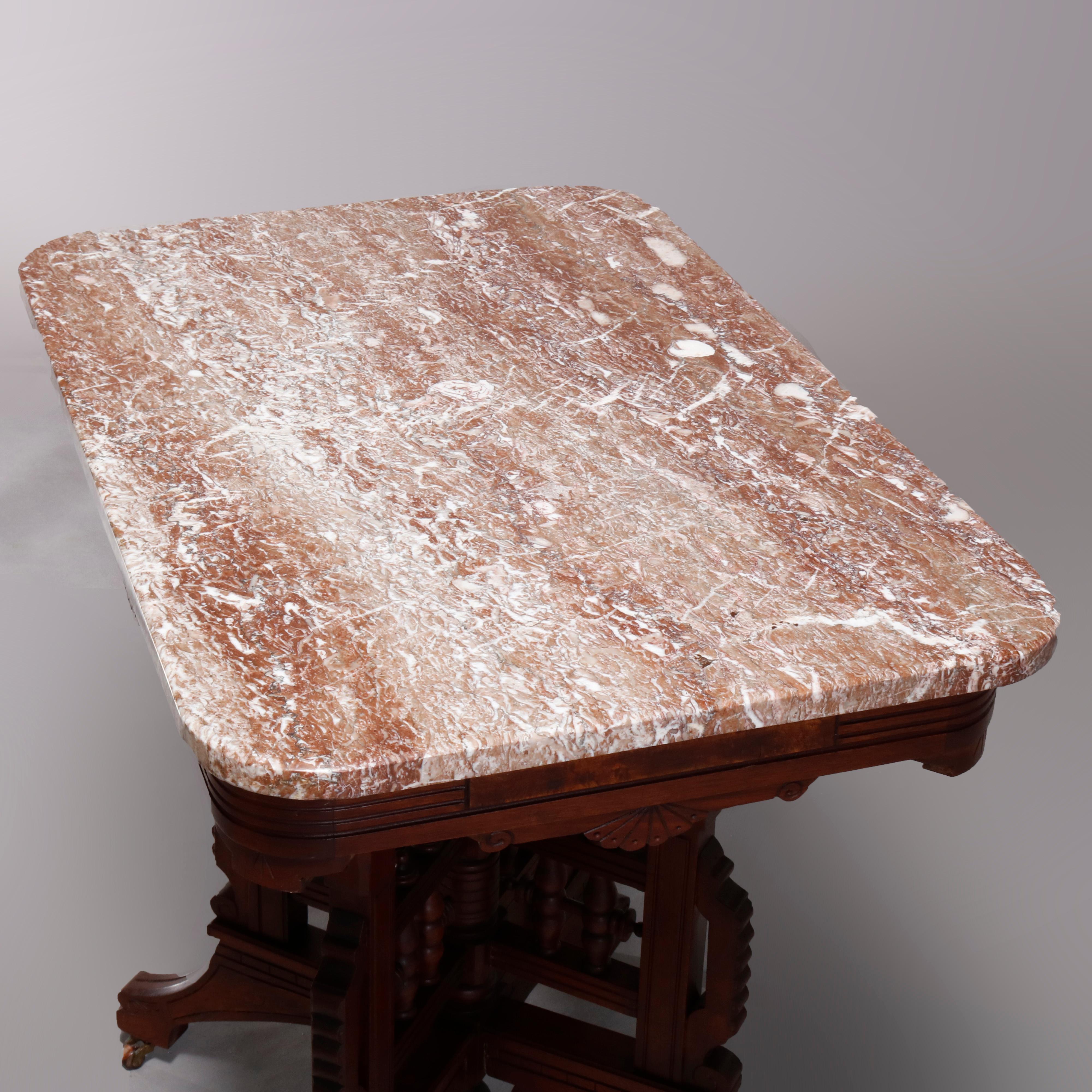 19th Century Antique Eastlake Carved Walnut Burl and Rouge Marble-Top Parlor Table circa 1890