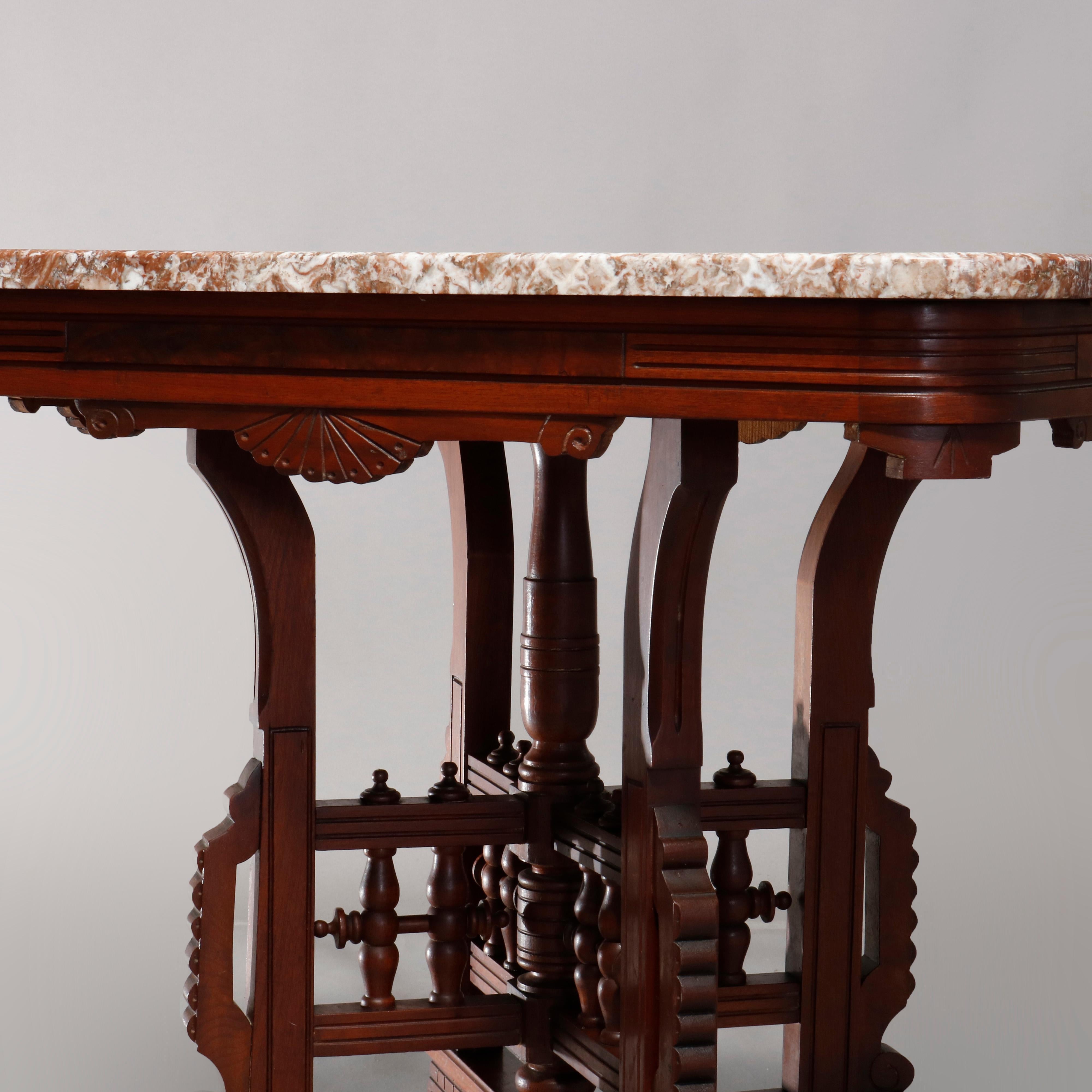 Wood Antique Eastlake Carved Walnut Burl and Rouge Marble-Top Parlor Table circa 1890