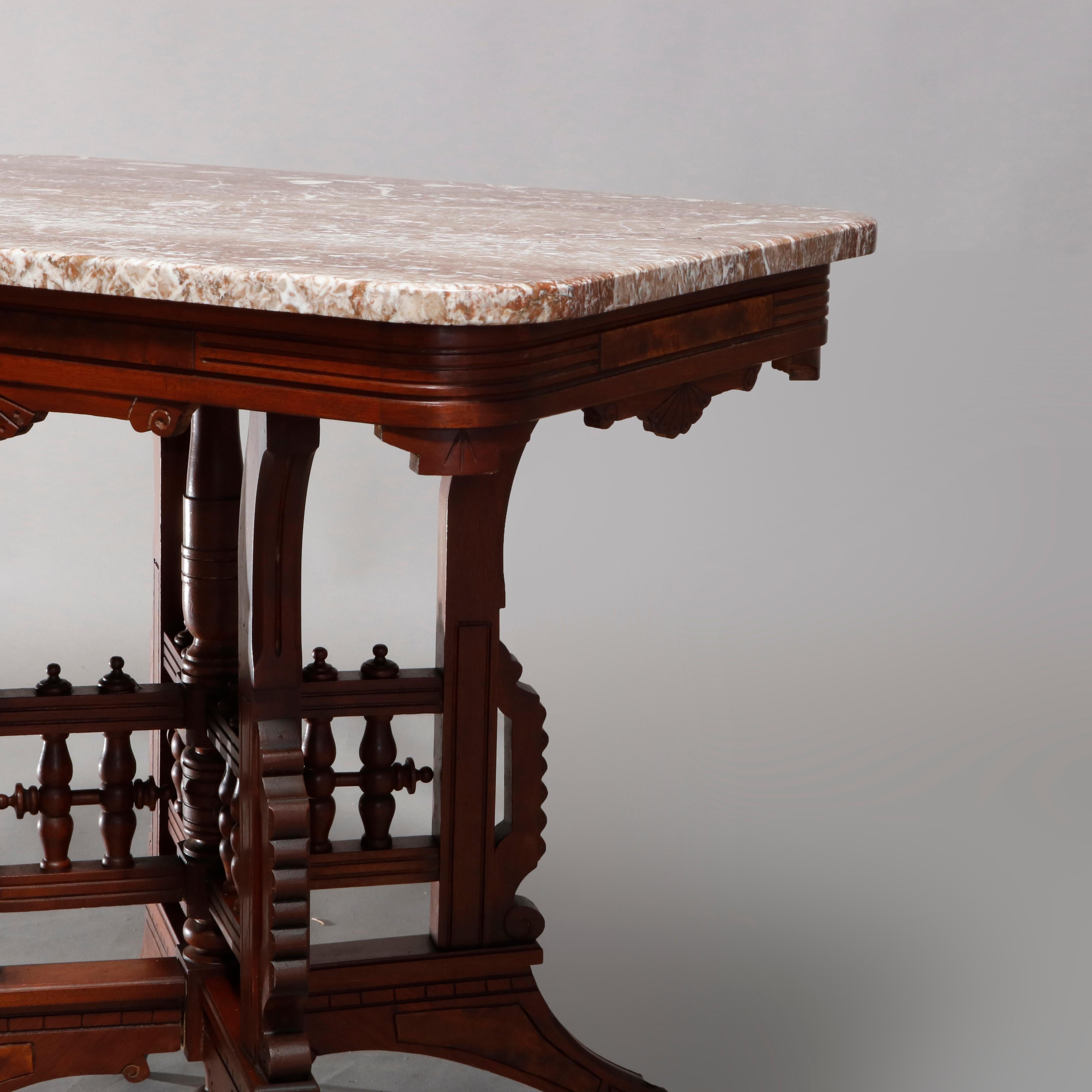 Antique Eastlake Carved Walnut Burl and Rouge Marble-Top Parlor Table circa 1890 1