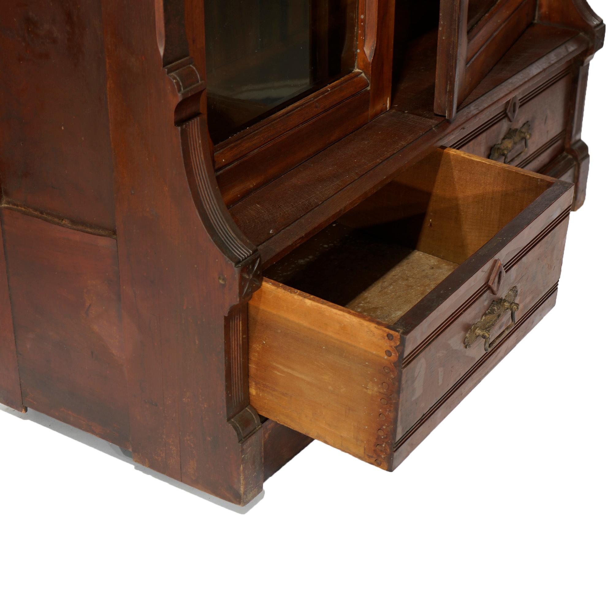 Antique Eastlake Carved Walnut & Burl Step Back Double Door Bookcase circa 1890 8