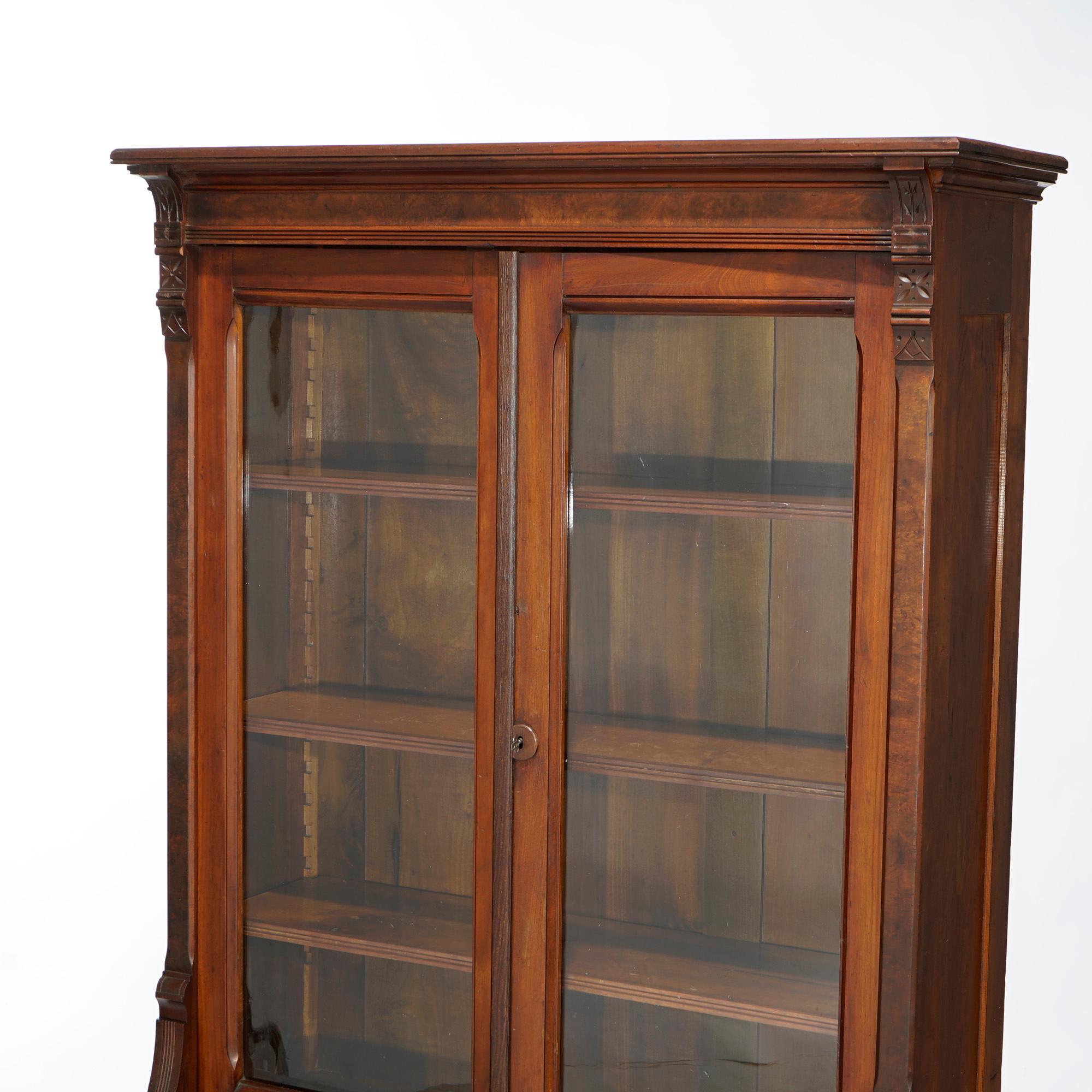 19th Century Antique Eastlake Carved Walnut & Burl Step Back Double Door Bookcase circa 1890