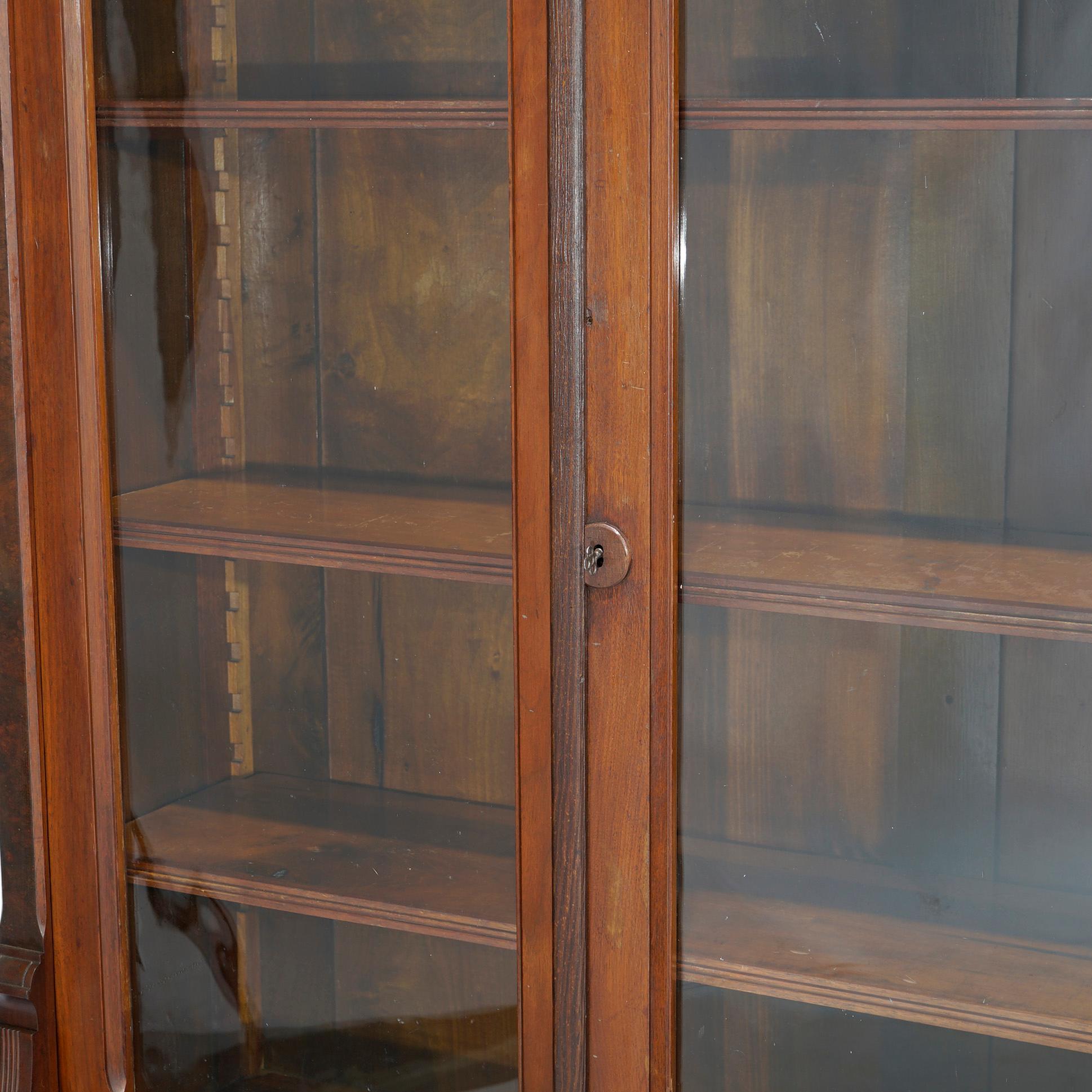 Antique Eastlake Carved Walnut & Burl Step Back Double Door Bookcase circa 1890 1