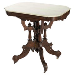 Antique Eastlake Carved Walnut & Marble Parlor Table, circa 1890