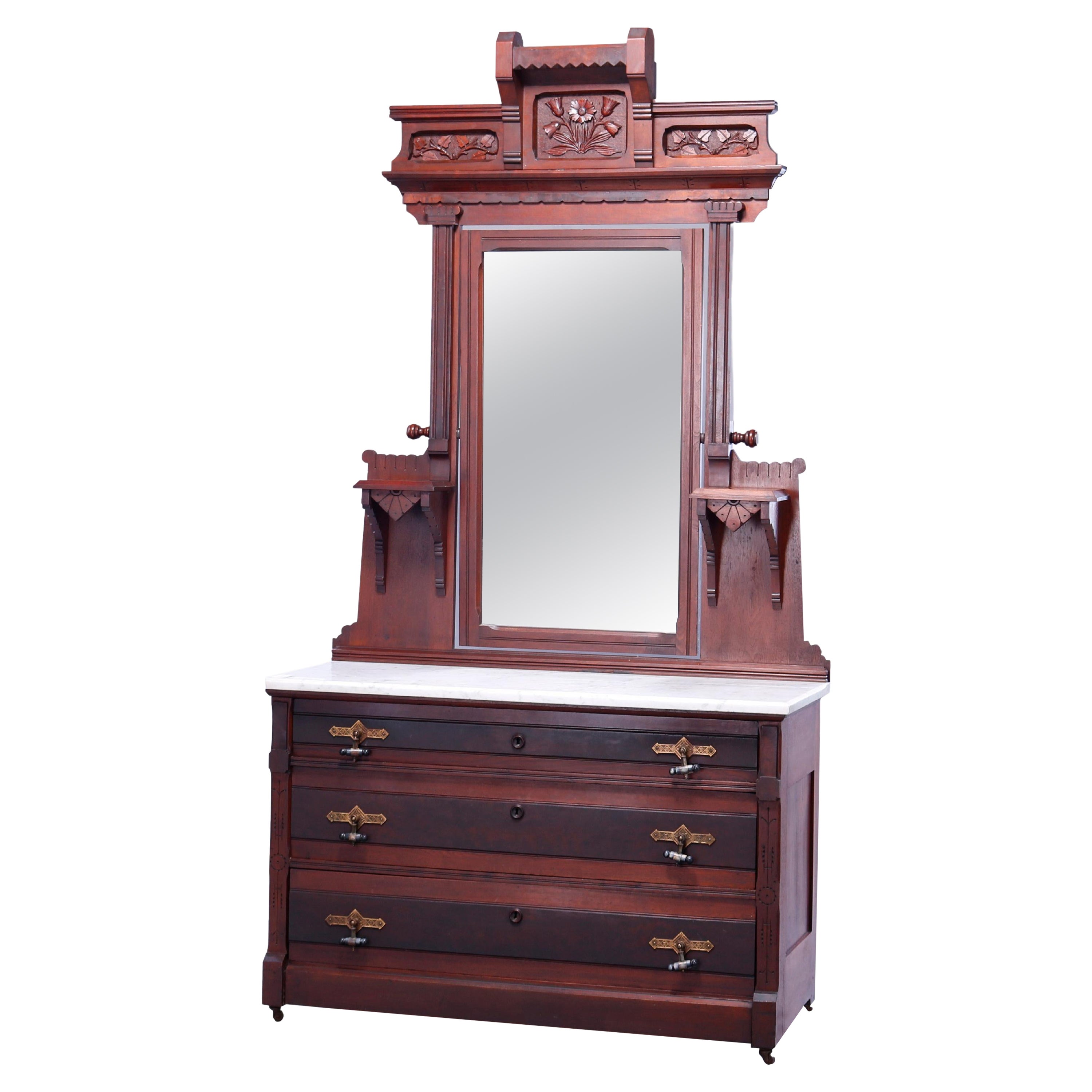 Antique Eastlake Carved Walnut Marble Top Dresser Circa 1890