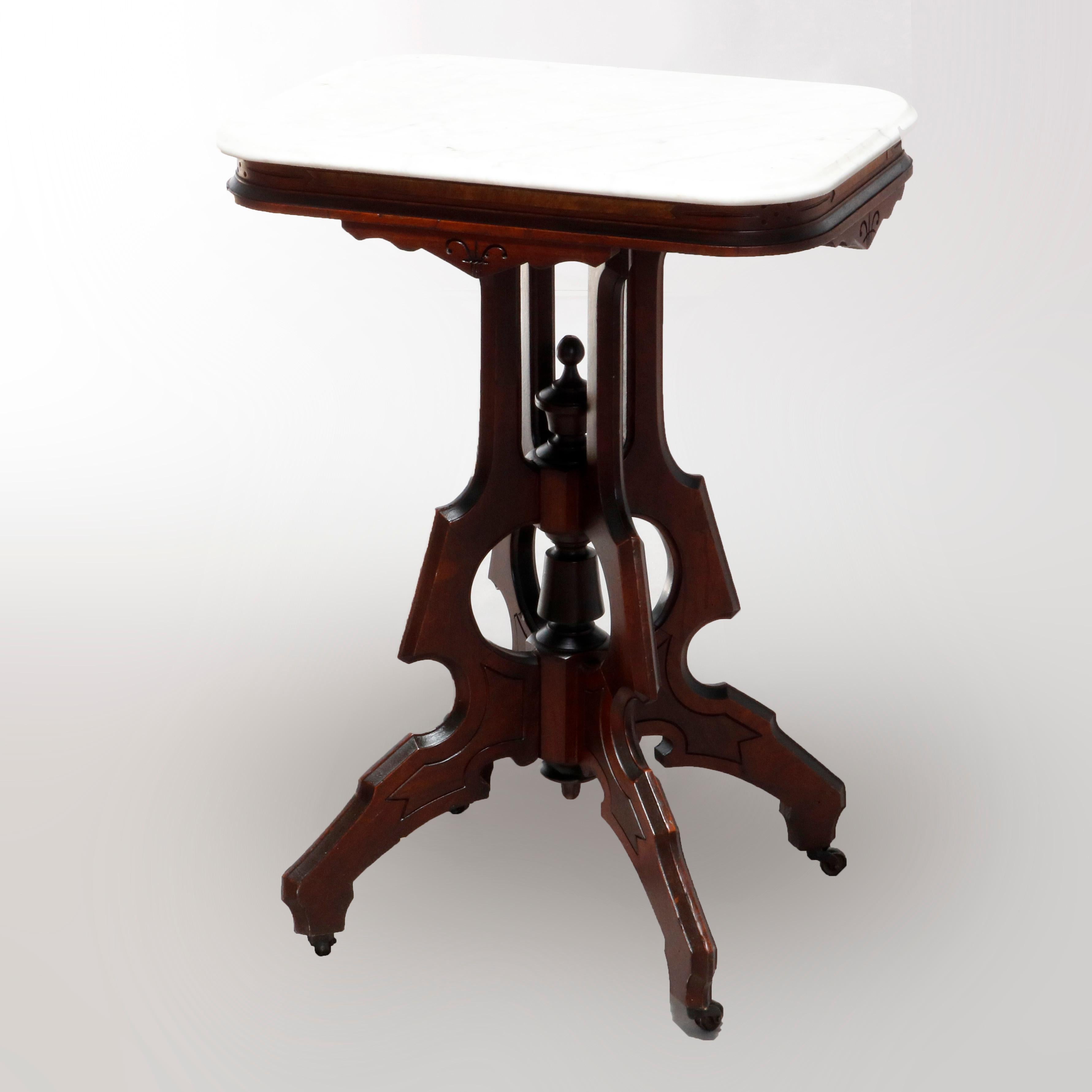 Antique Eastlake Carved Walnut Marble-Top Side Table, circa 1890 In Good Condition In Big Flats, NY