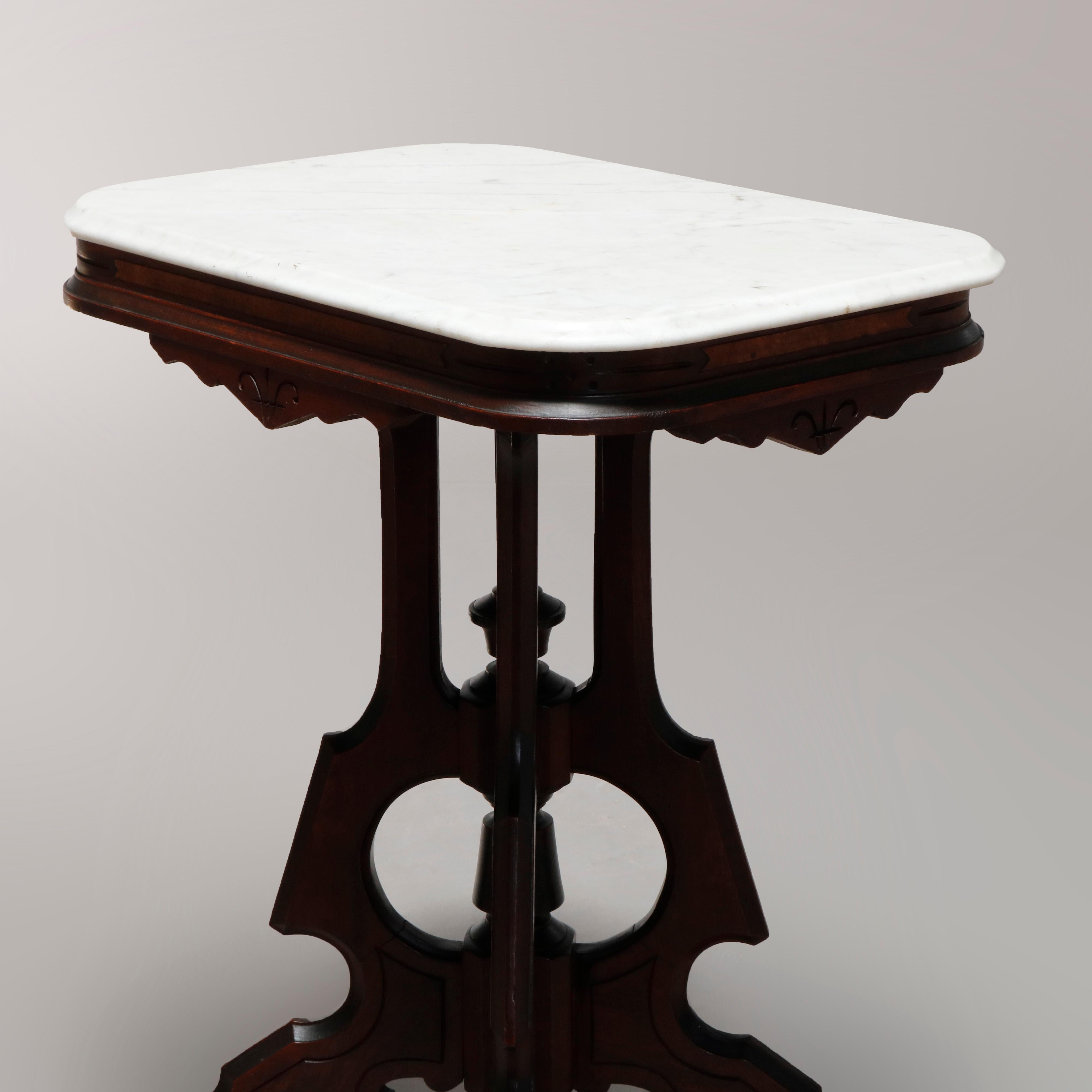 19th Century Antique Eastlake Carved Walnut Marble-Top Side Table, circa 1890