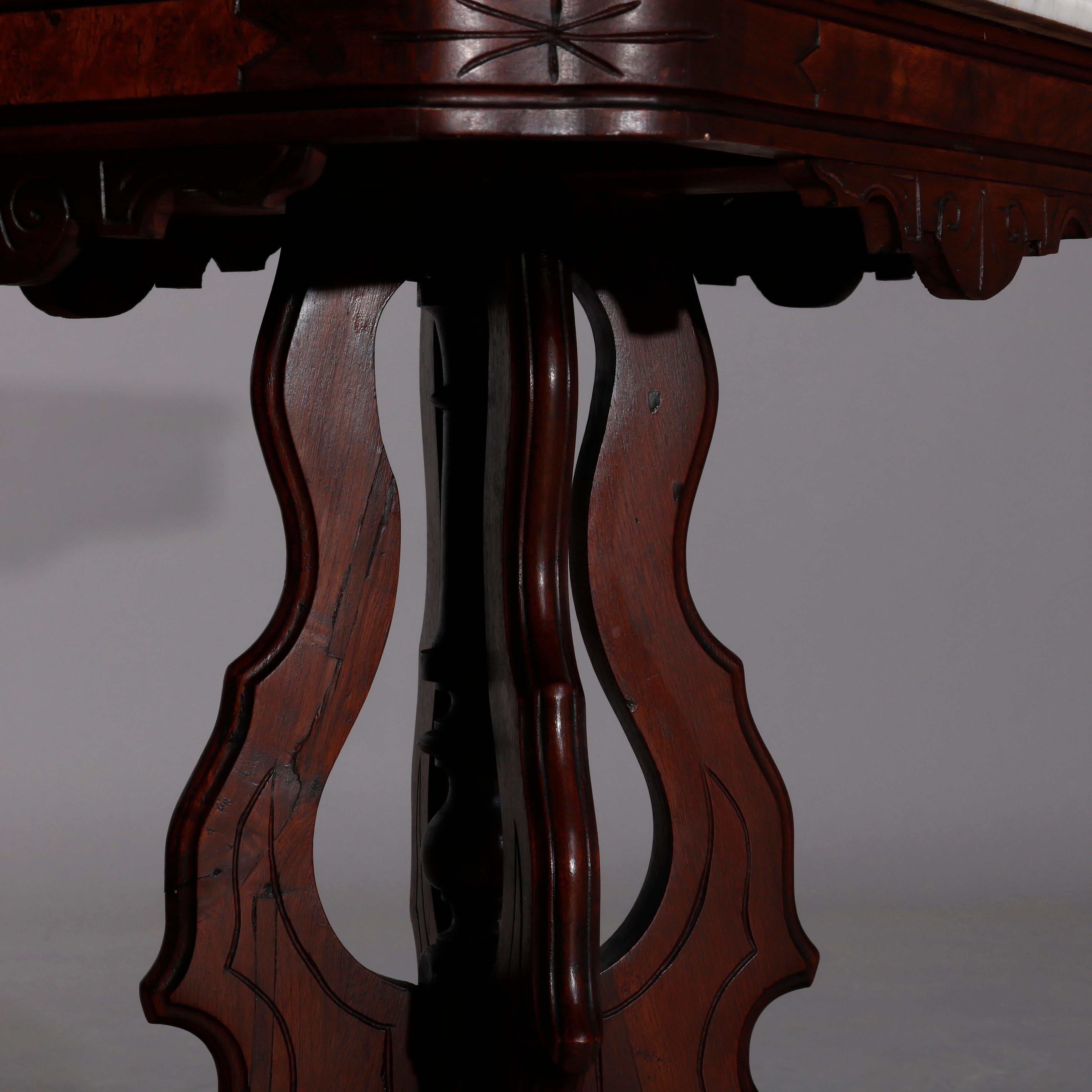 19th Century Antique Eastlake Carved Walnut Marble Top Table, Circa 1890