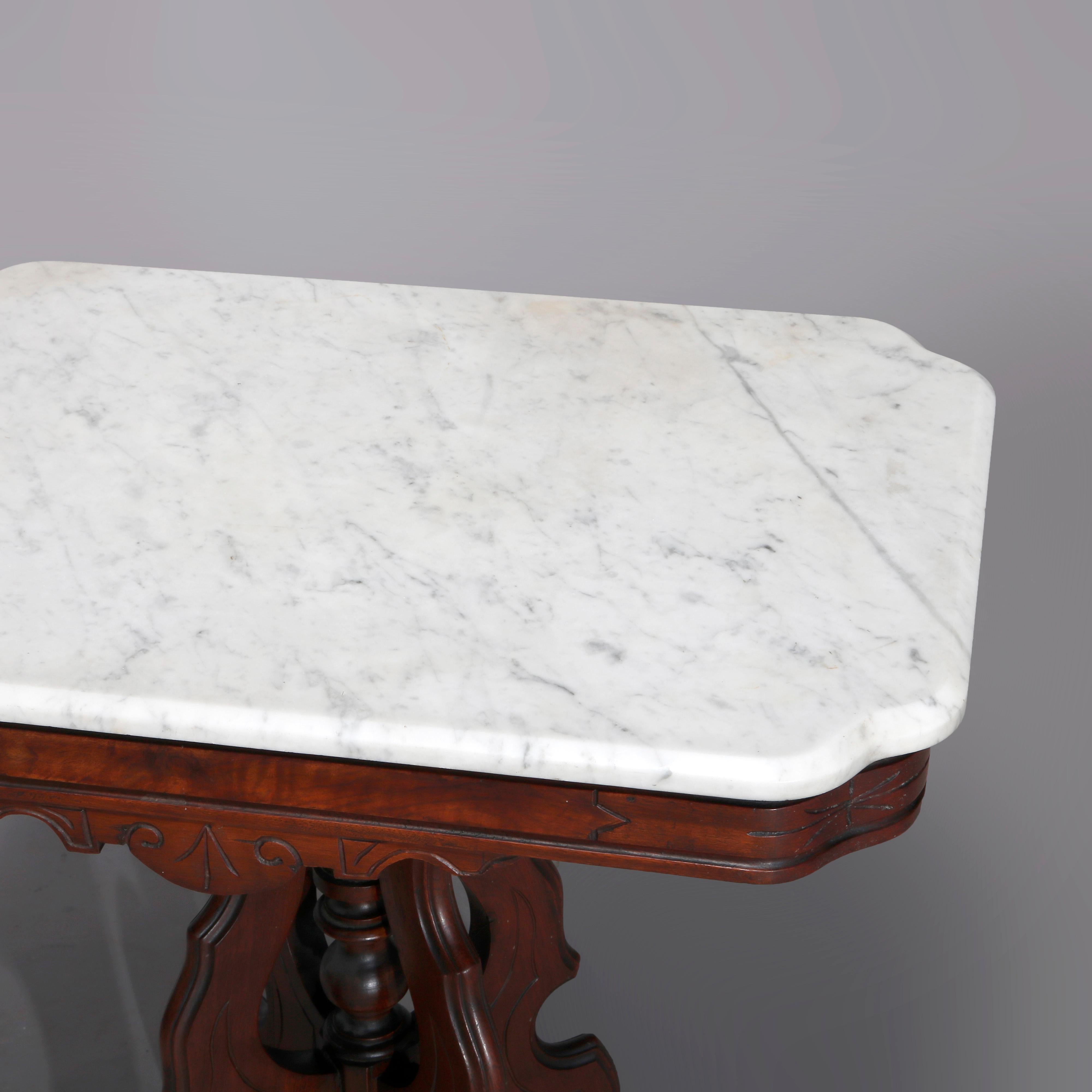 American Antique Eastlake Carved Walnut Marble Top Table, Circa 1890