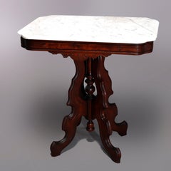 Ancienne table Eastlake en noyer sculpté avec plateau en marbre, vers 1890