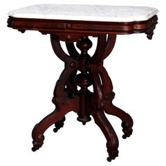 Antique Eastlake Carved Walnut Marble Top Table, Circa 1890