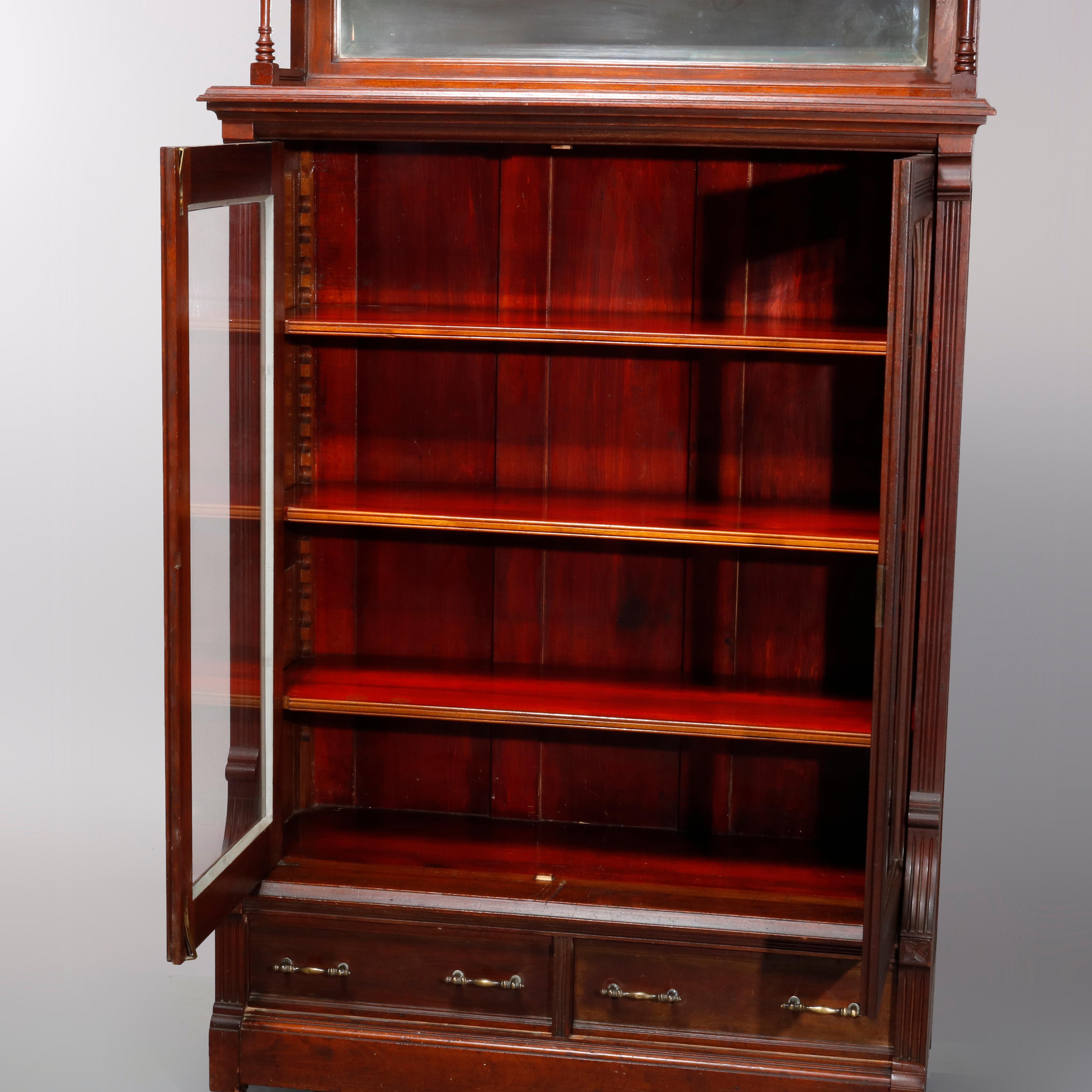 Antique Eastlake Carved Walnut Mirrored Two-Door Bookcase, circa 1890 7
