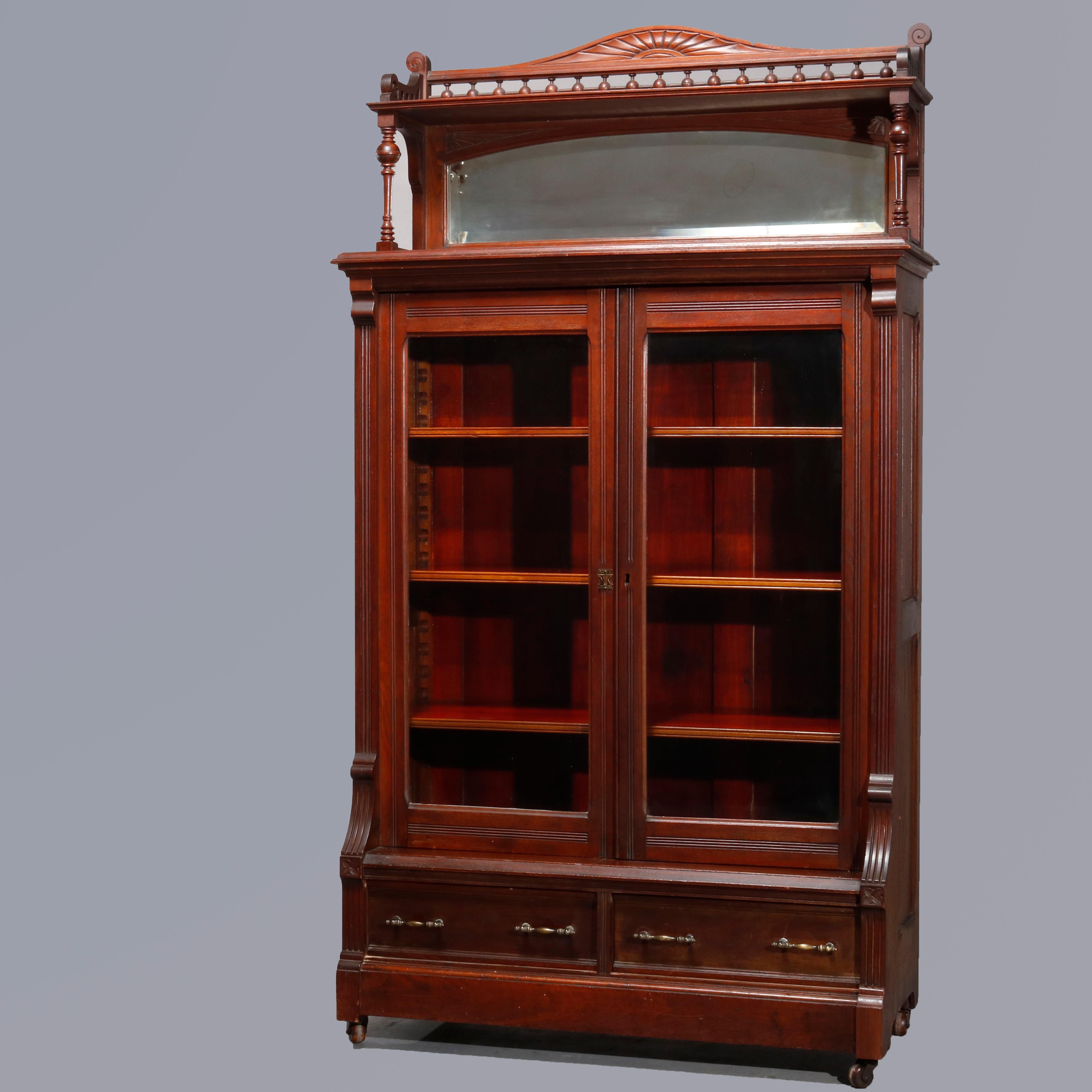 Glass Antique Eastlake Carved Walnut Mirrored Two-Door Bookcase, circa 1890