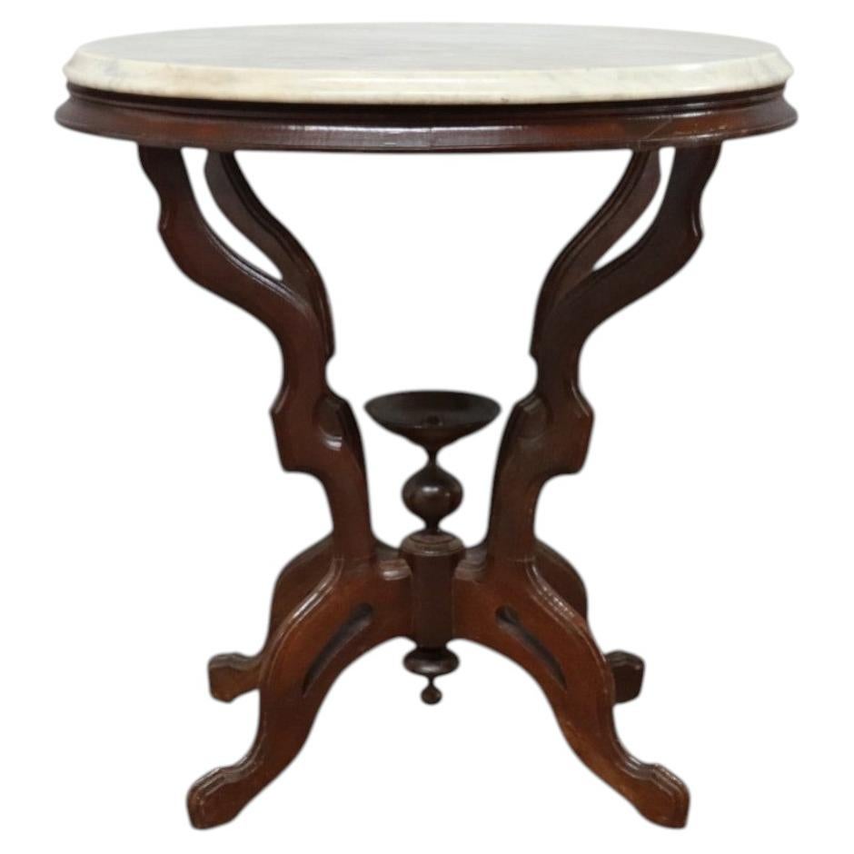 Antique Eastlake Carved Walnut Oval Marble Top Table Unsigned C1890 For Sale