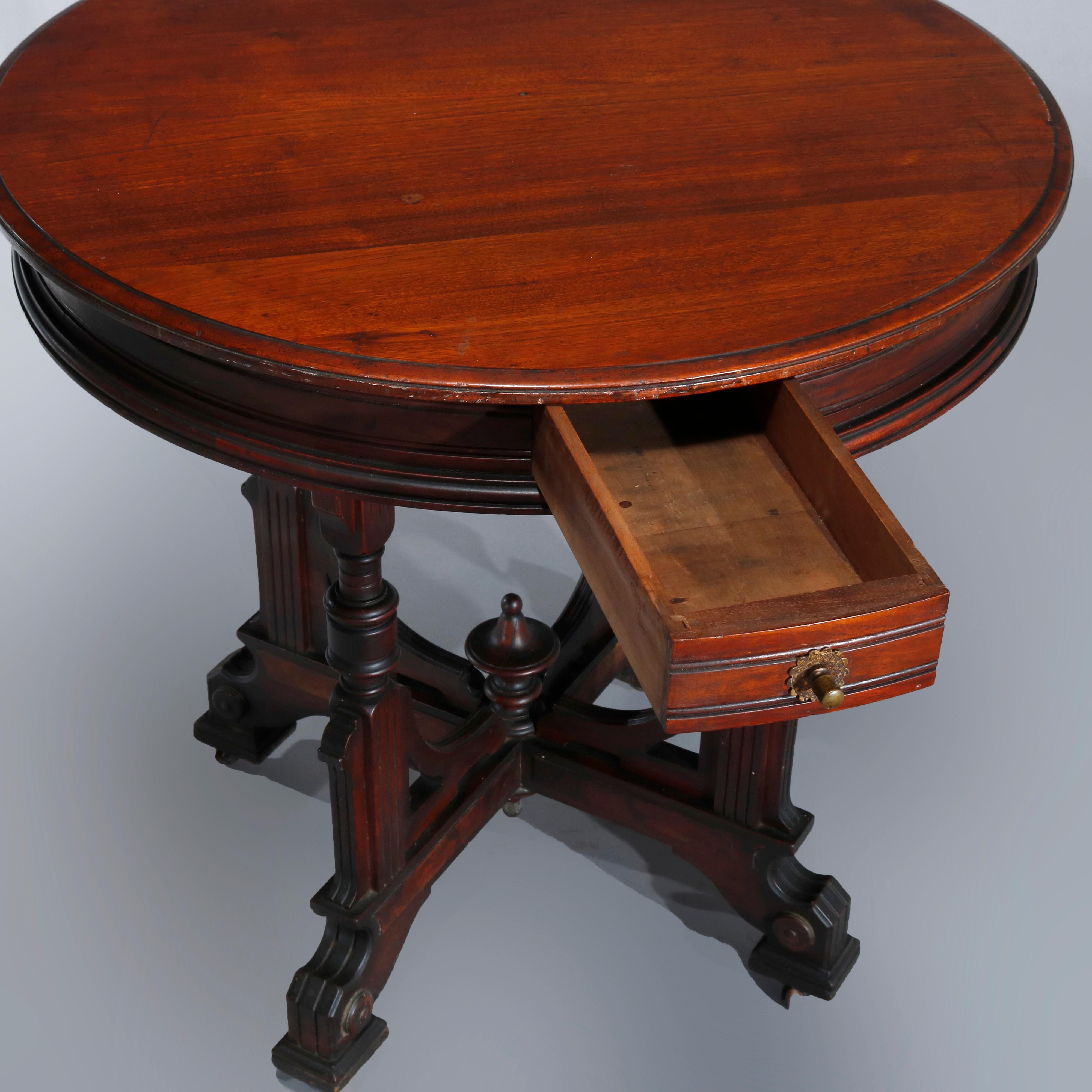 19th Century Antique Eastlake Carved Walnut Single Drawer Parlor Lamp Table, circa 1890