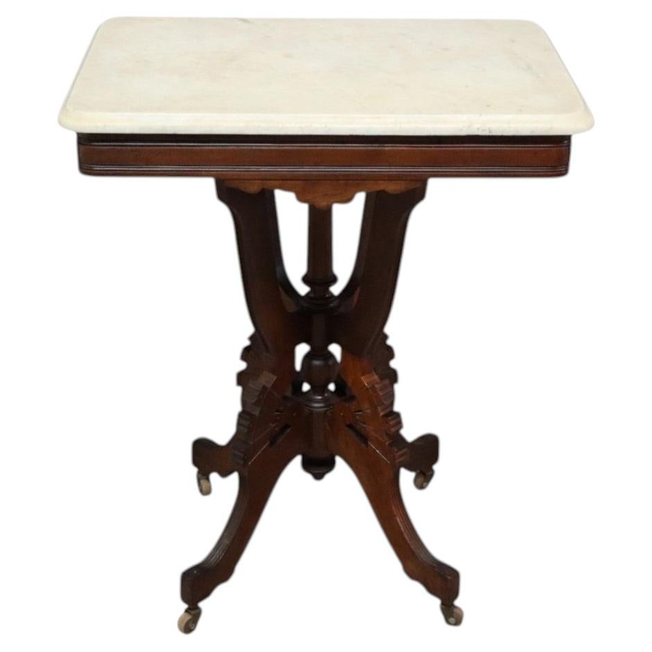 Antique Eastlake Carved Walnut Square Marble Top Table C1890 For Sale